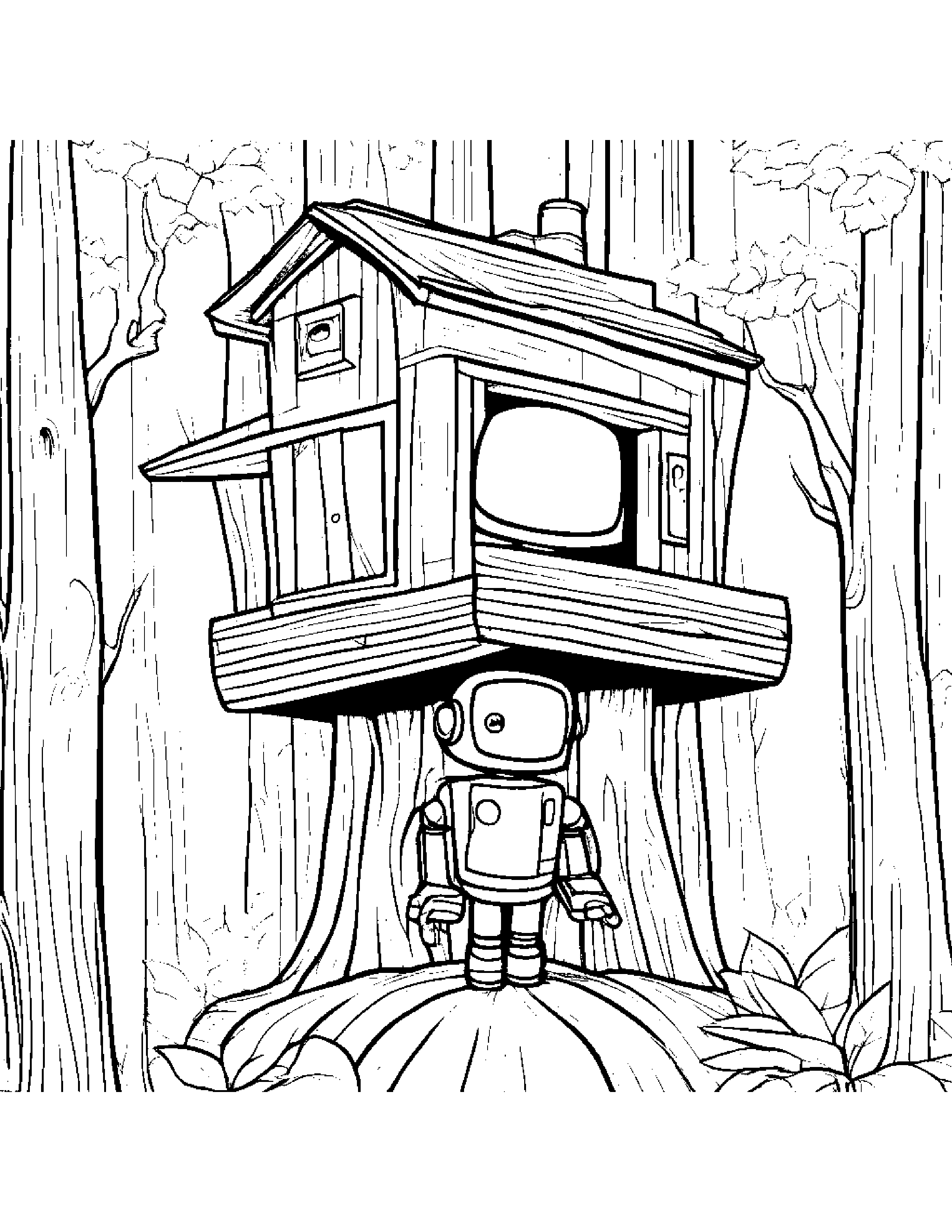 Robot Buddy Playing Hide-And-Seek In A Treehouse #3 Coloring Page (Free Printable PDF)