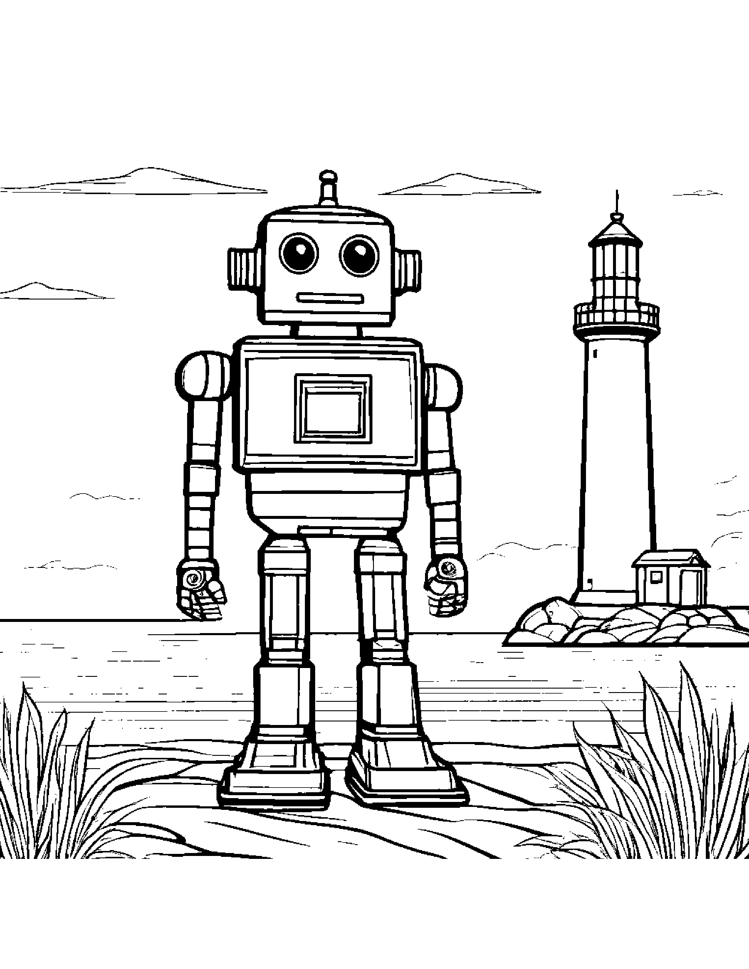 Robot Buddy Smiling Near A Lighthouse #2 Coloring Page (Free Printable PDF)