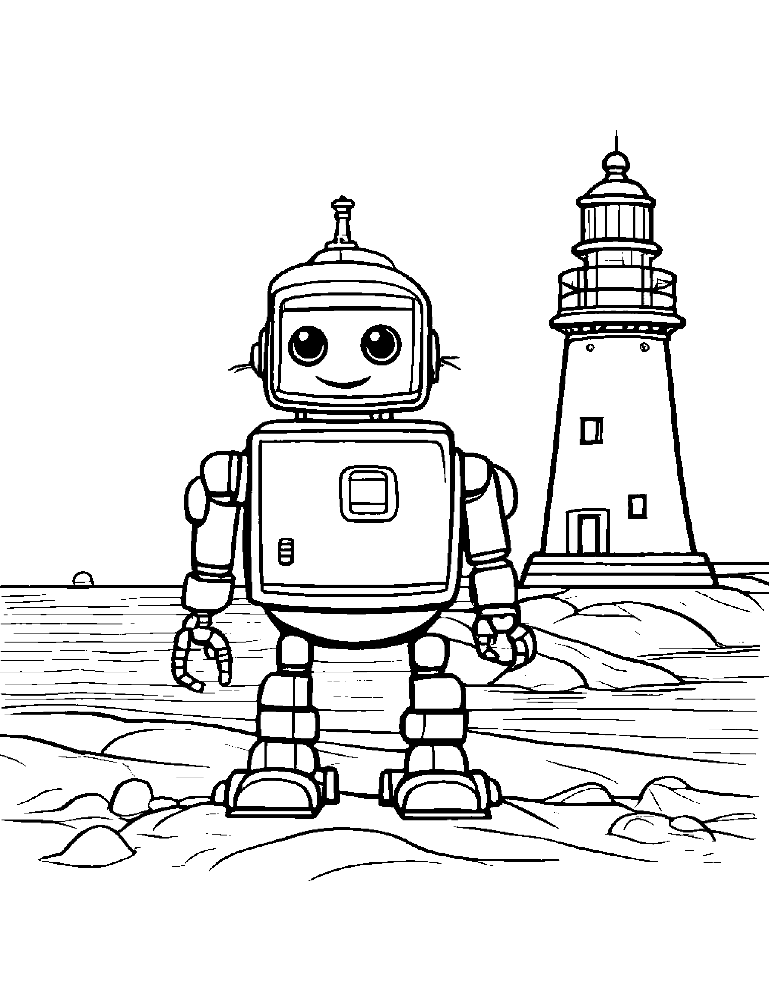 Robot Buddy Smiling Near A Lighthouse #3 Coloring Page (Free Printable PDF)