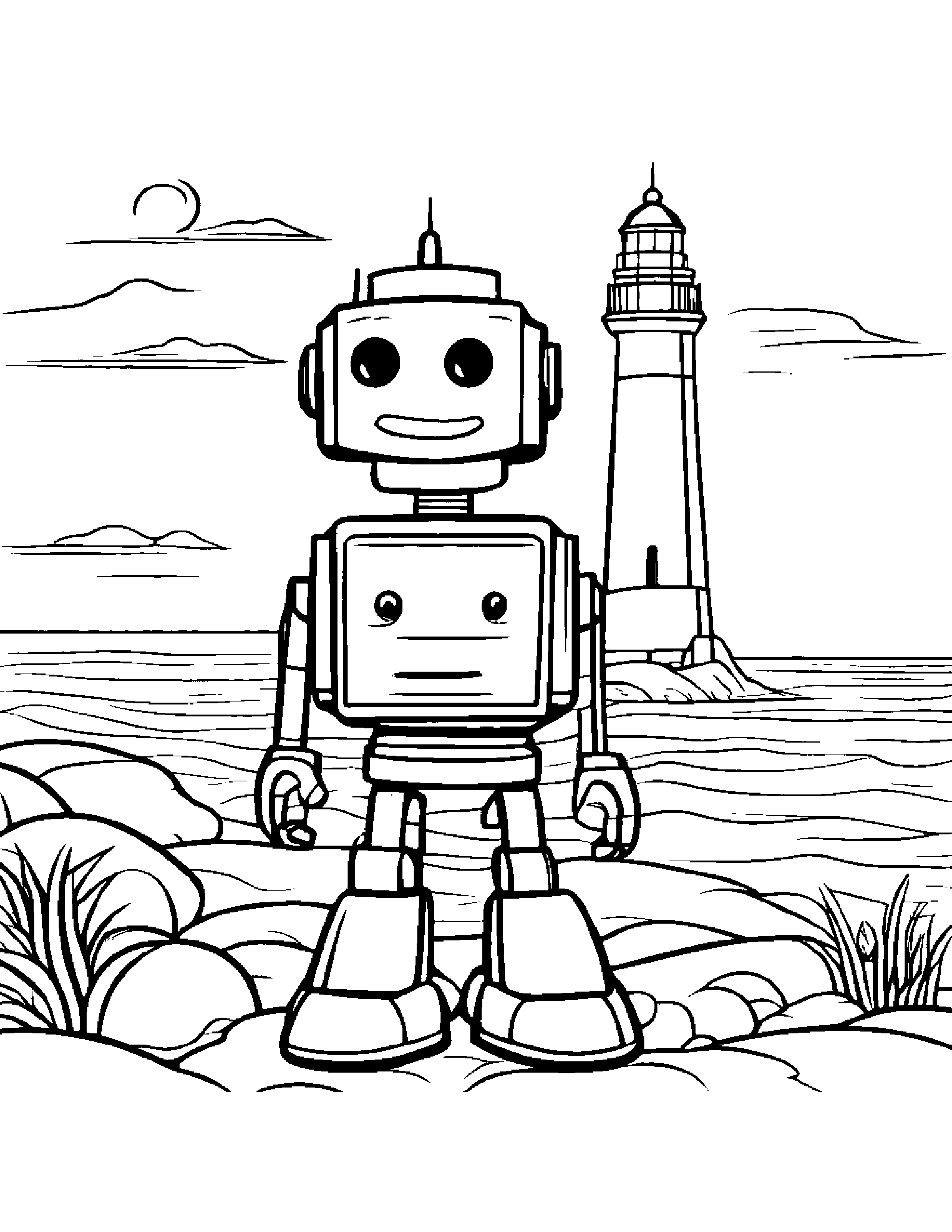 Robot Buddy Smiling Near A Lighthouse Coloring Page (Free Printable PDF)