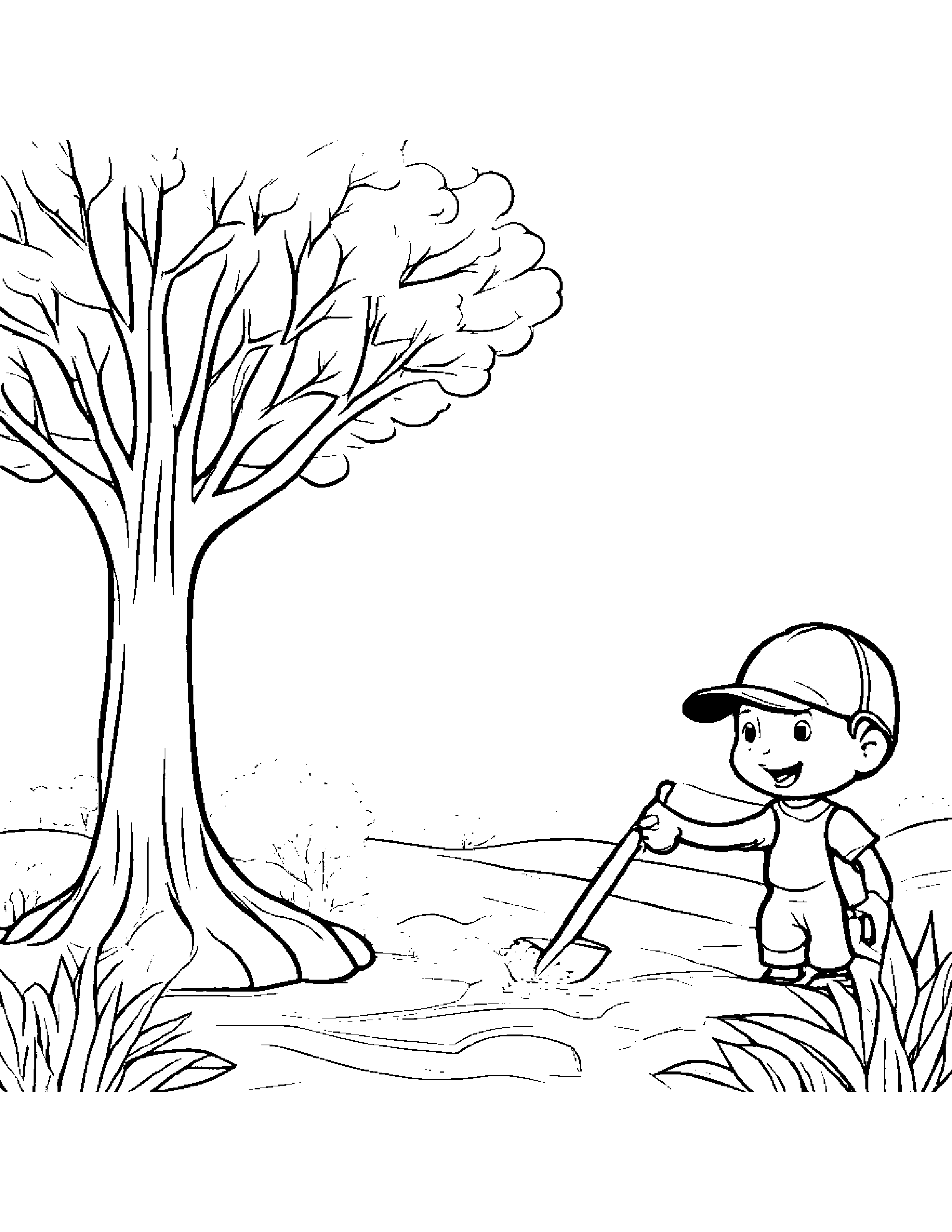 Shovel Giving A High Five By A Little Tree Coloring Page (Free Printable PDF)
