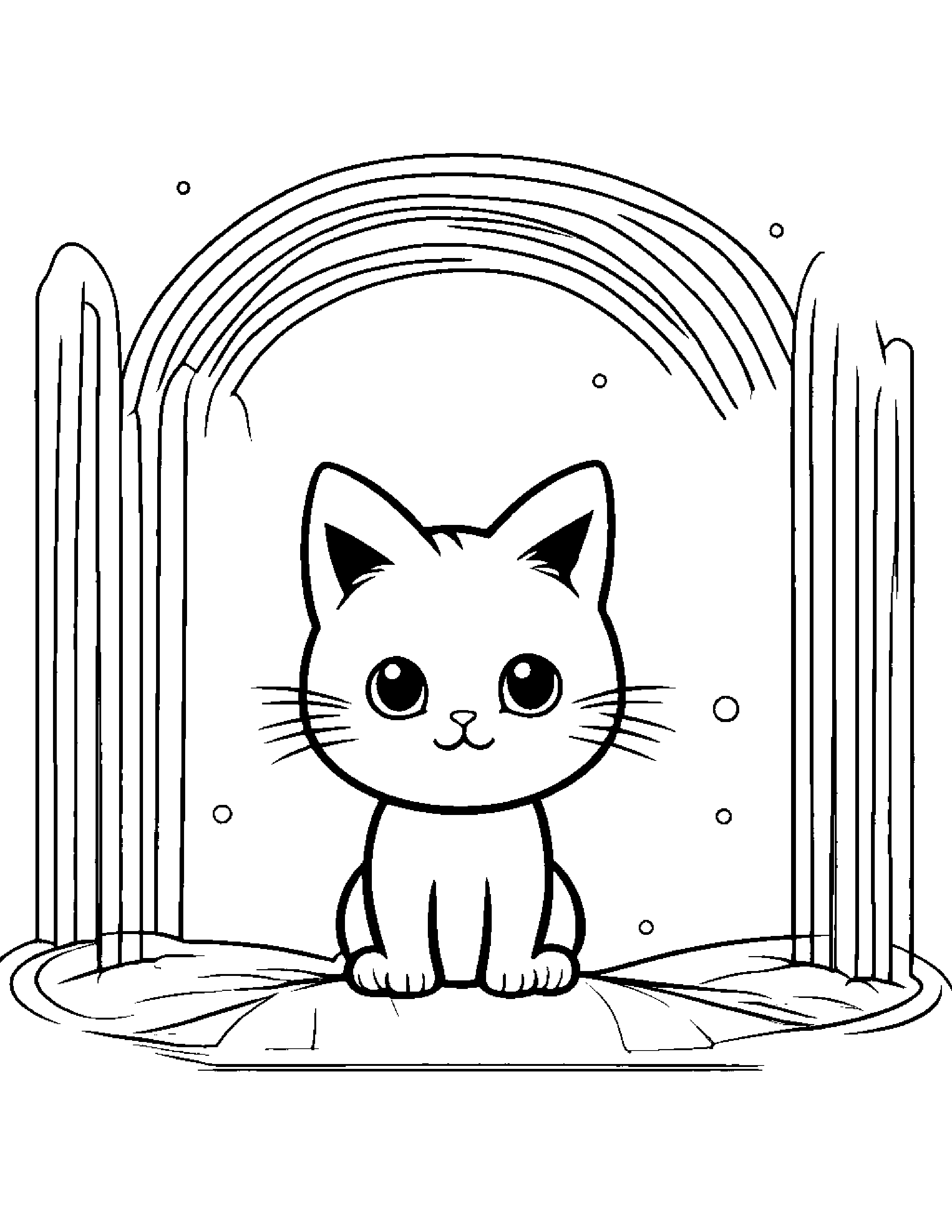 Shy Kitty Balancing On A Line Under A Rainbow #2 Coloring Page (Free Printable PDF)