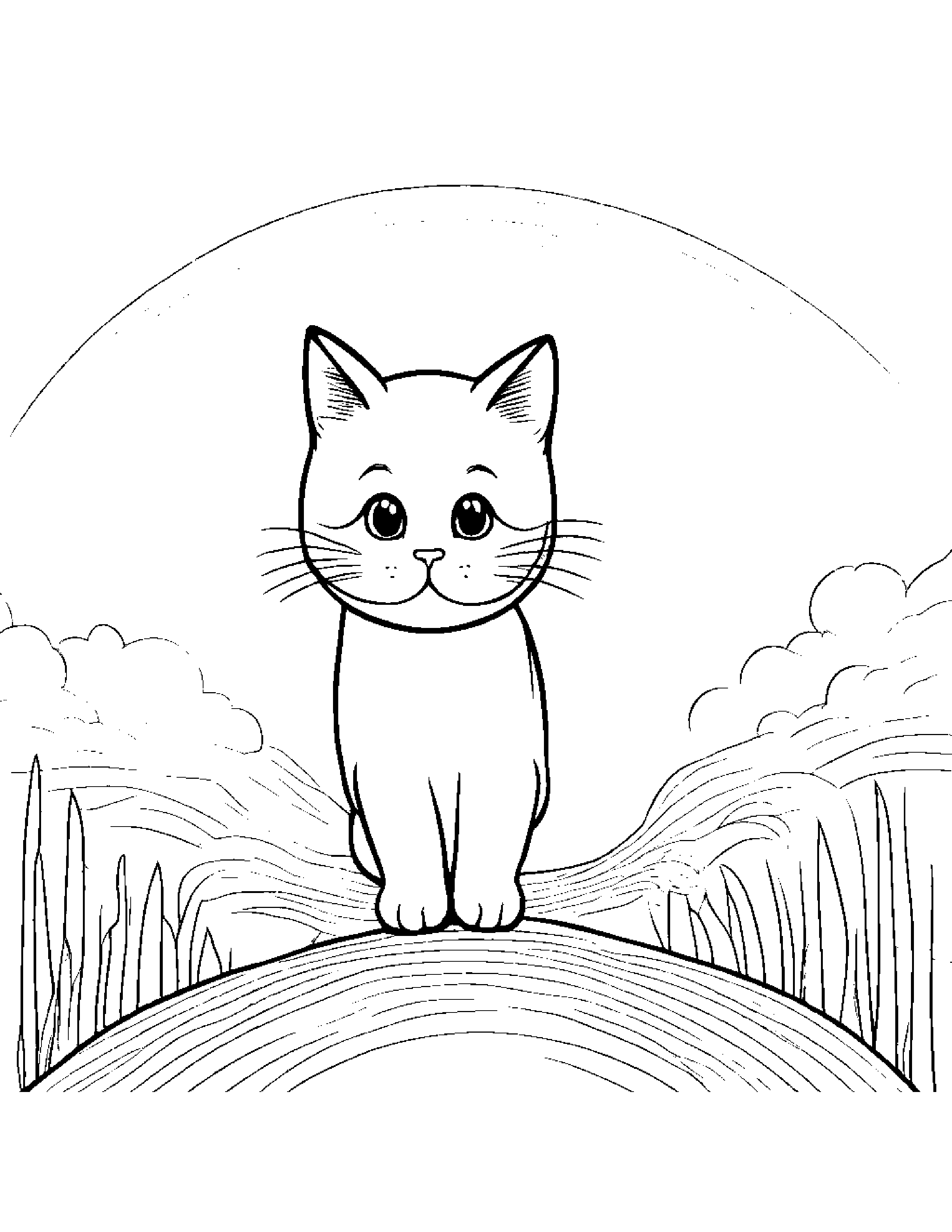 Shy Kitty Balancing On A Line Under A Rainbow #3 Coloring Page (Free Printable PDF)