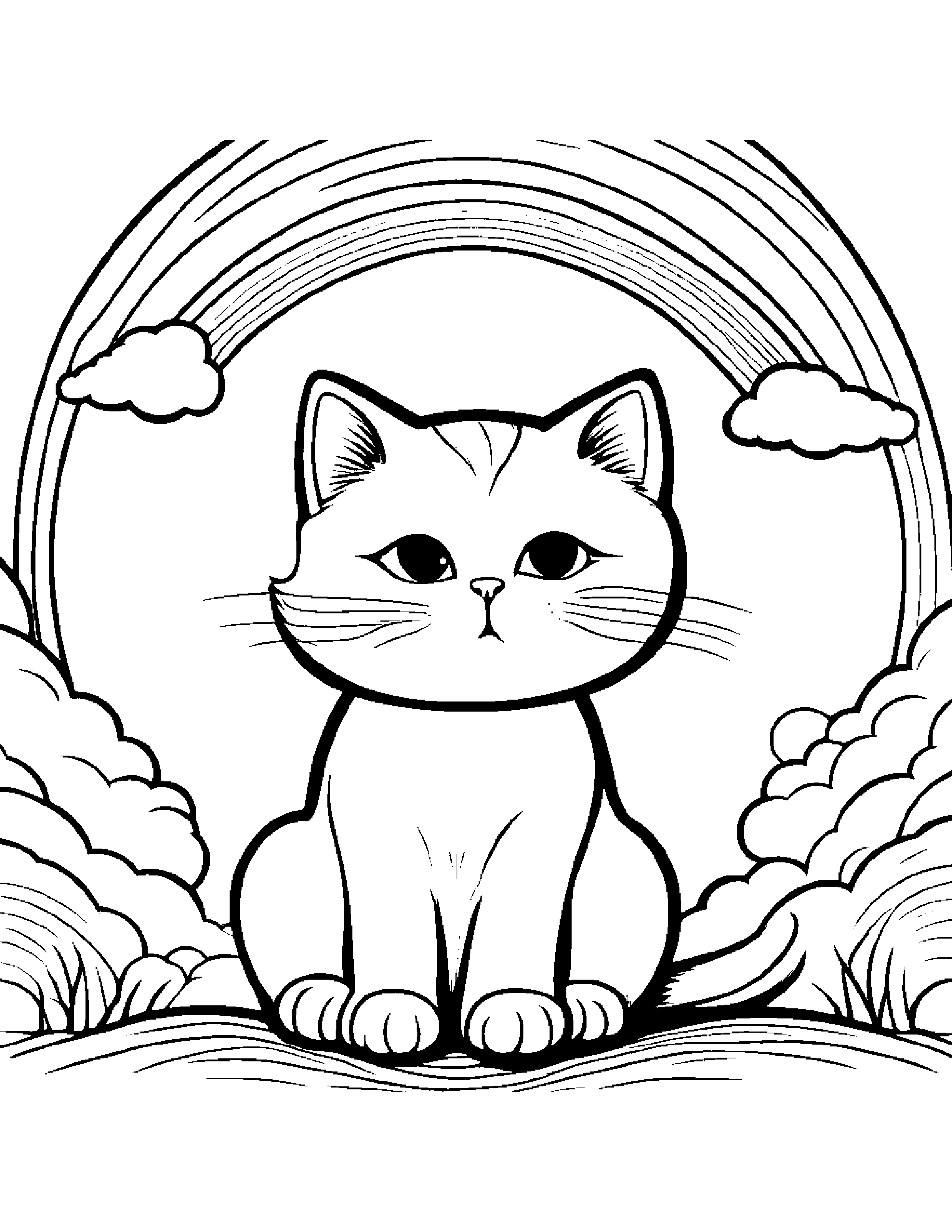 Shy Kitty Balancing On A Line Under A Rainbow #4 Coloring Page (Free Printable PDF)