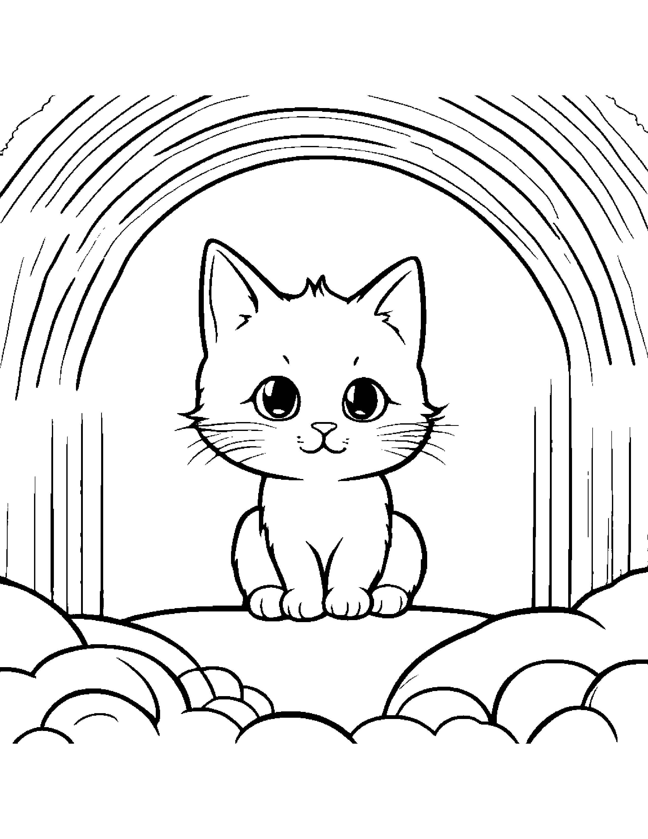 Shy Kitty Balancing On A Line Under A Rainbow Coloring Page (Free Printable PDF)