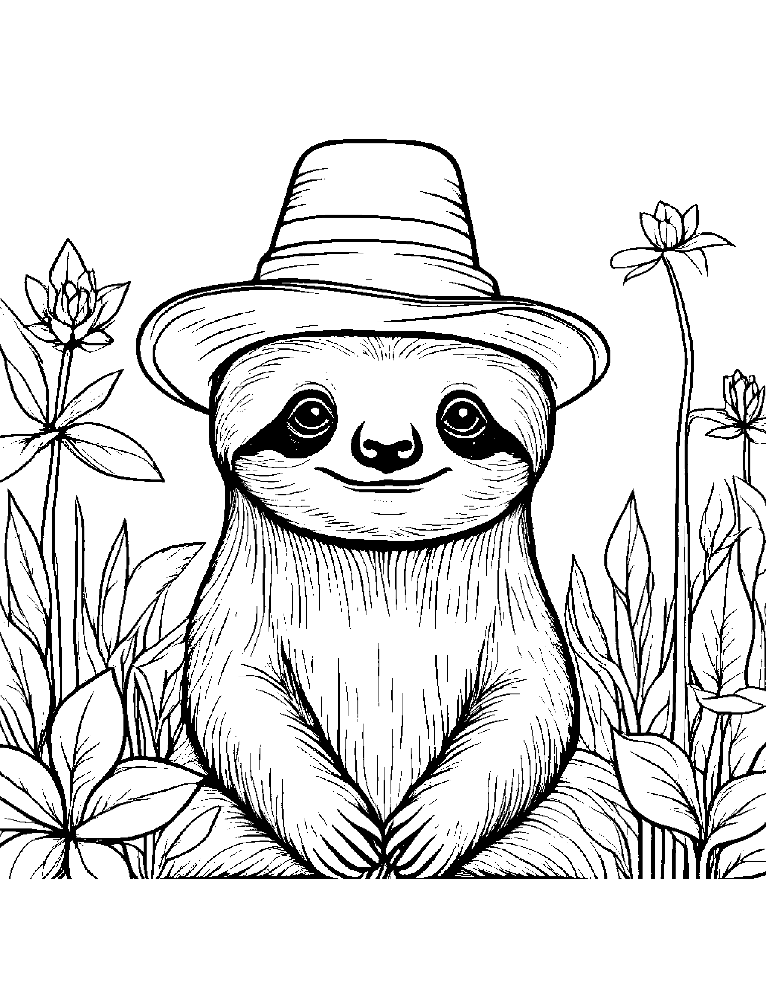 Sloth With A Cute Hat In A Sunny Meadow #2 Coloring Page (Free Printable PDF)