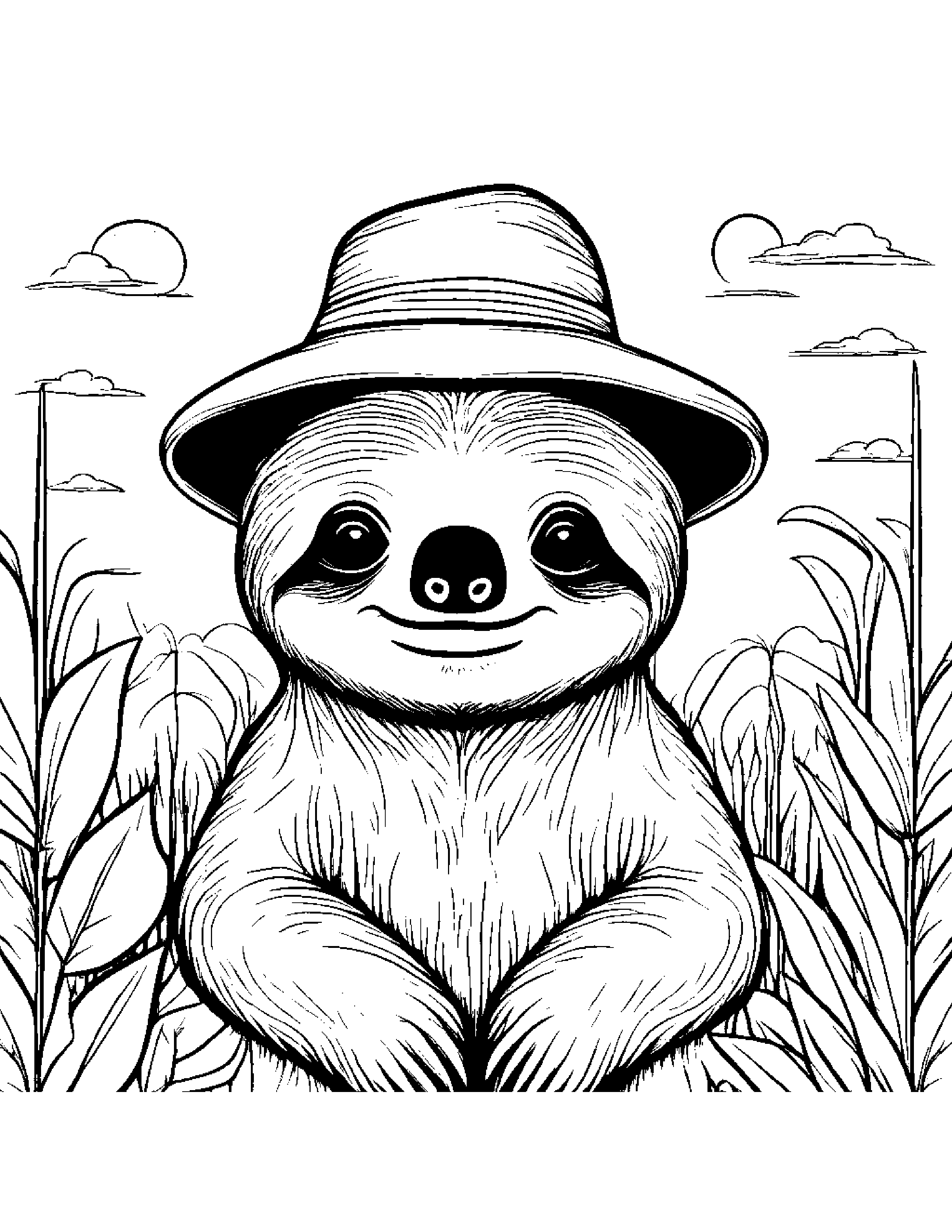 Sloth With A Cute Hat In A Sunny Meadow #3 Coloring Page (Free Printable PDF)