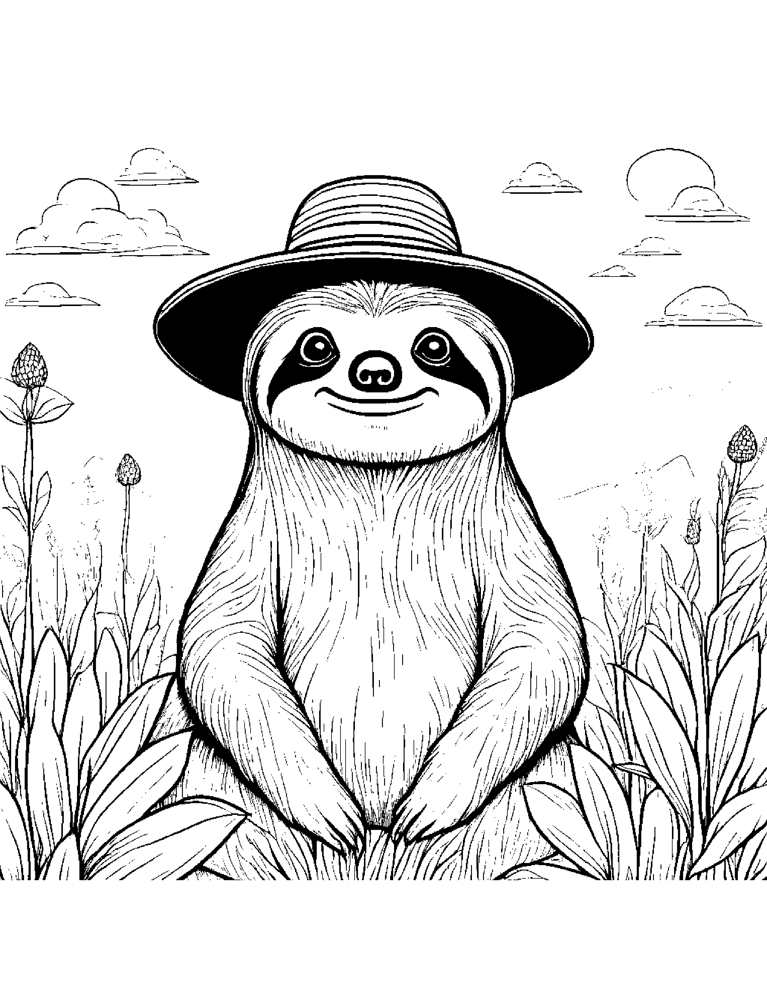 Sloth With A Cute Hat In A Sunny Meadow Coloring Page (Free Printable PDF)