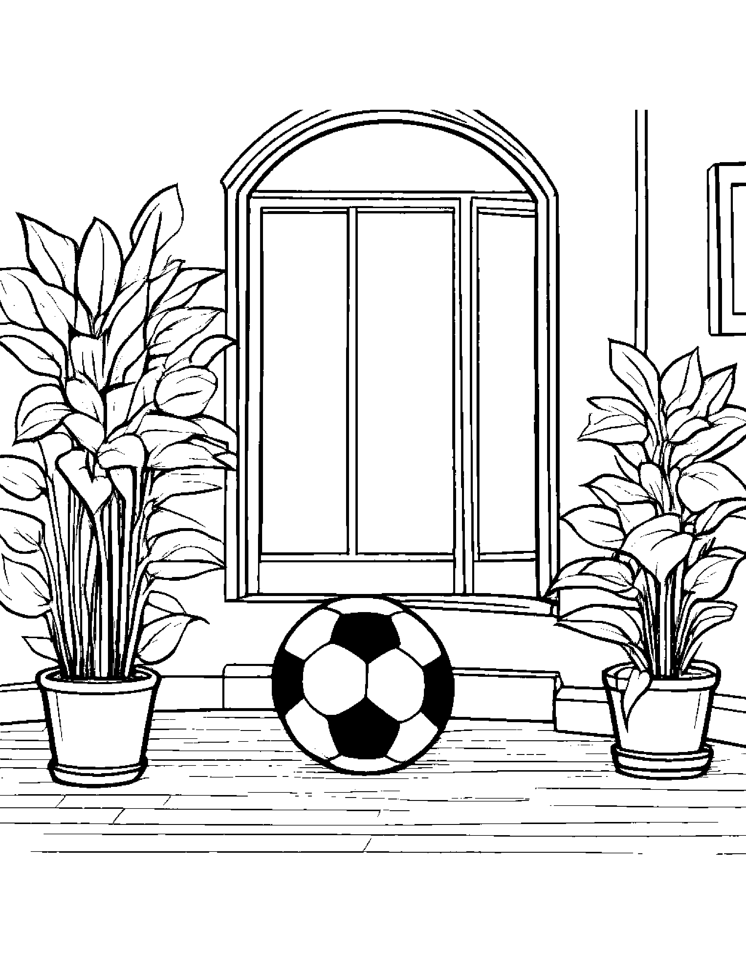 Soccer Ball Watering A Plant By A Reading Nook #2 Coloring Page (Free Printable PDF)