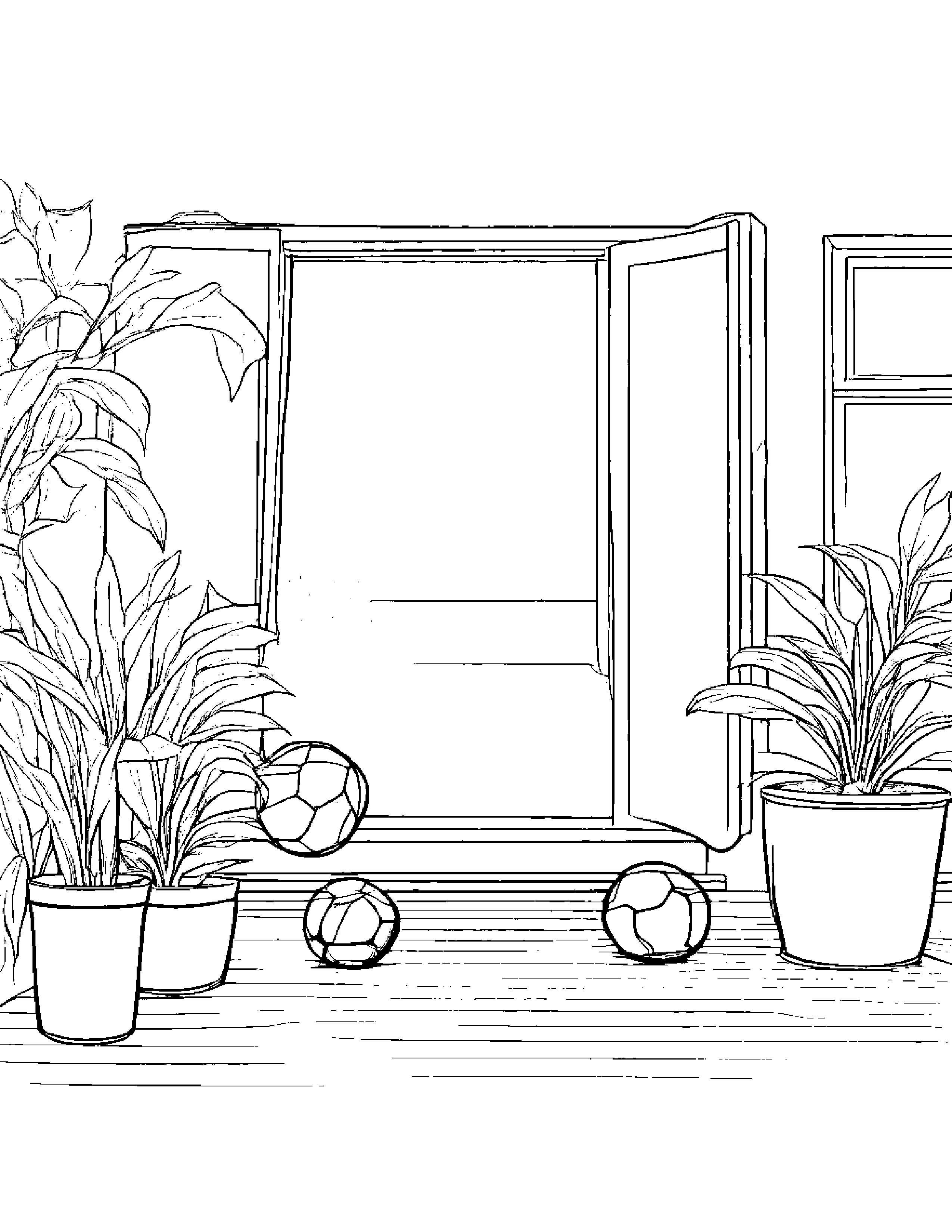 Soccer Ball Watering A Plant By A Reading Nook #3 Coloring Page (Free Printable PDF)