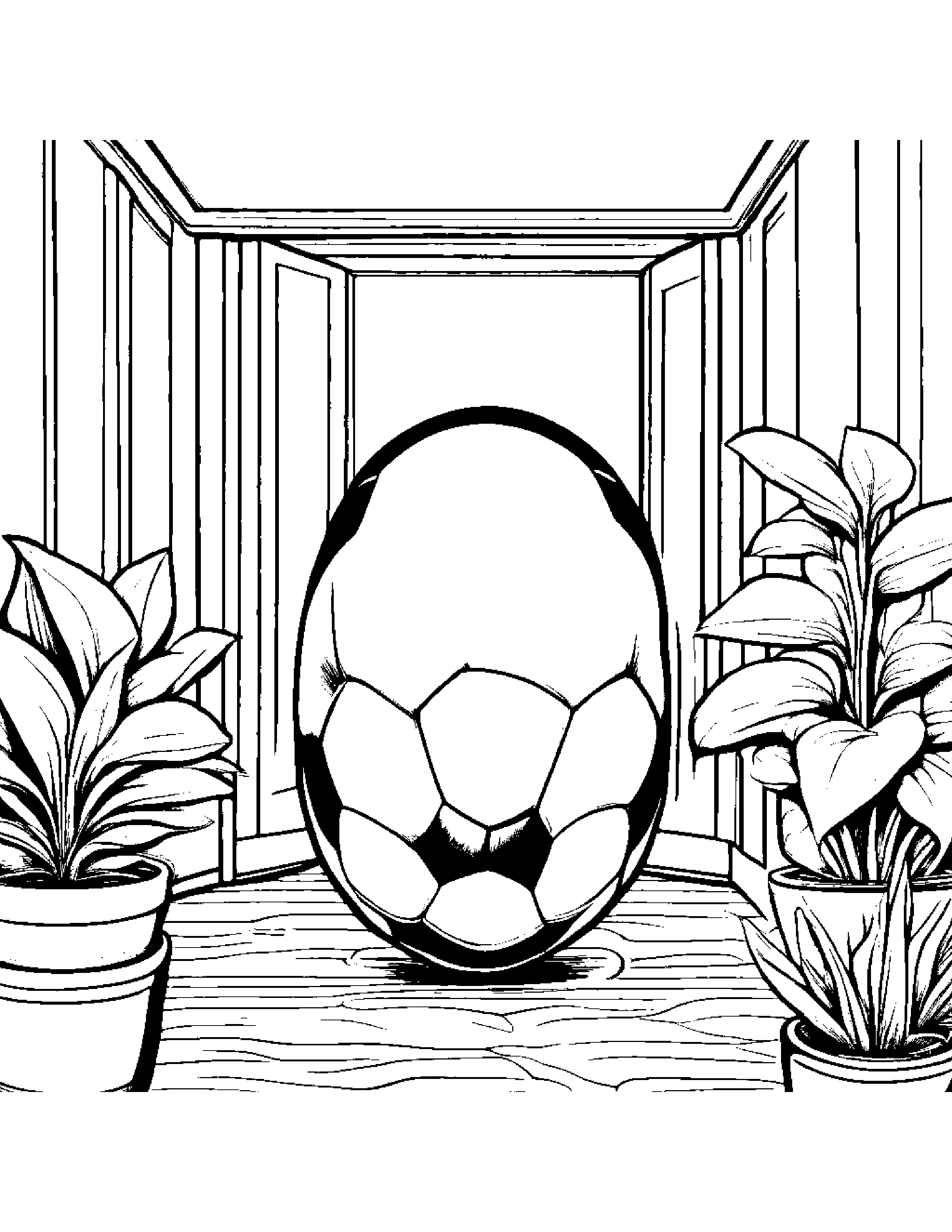 Soccer Ball Watering A Plant By A Reading Nook #4 Coloring Page (Free Printable PDF)