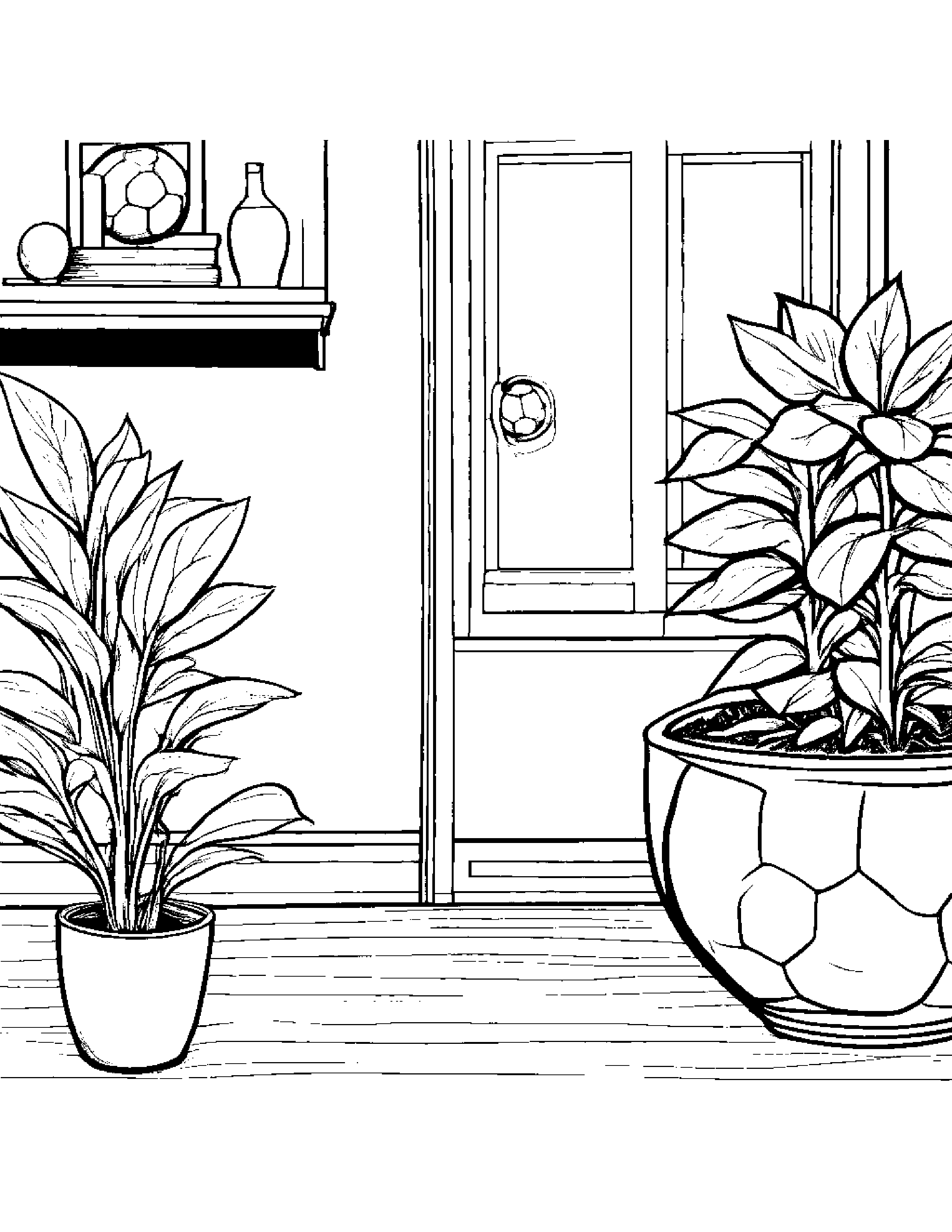 Soccer Ball Watering A Plant By A Reading Nook #5 Coloring Page (Free Printable PDF)