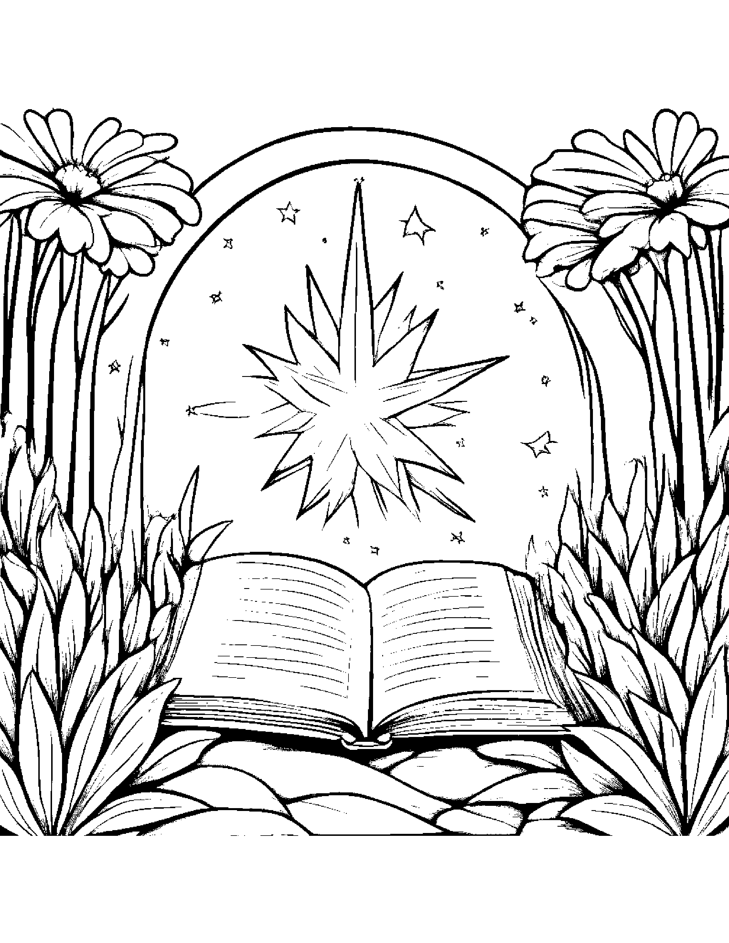 Star Wand Reading A Storybook In A Cozy Garden #2 Coloring Page (Free Printable PDF)