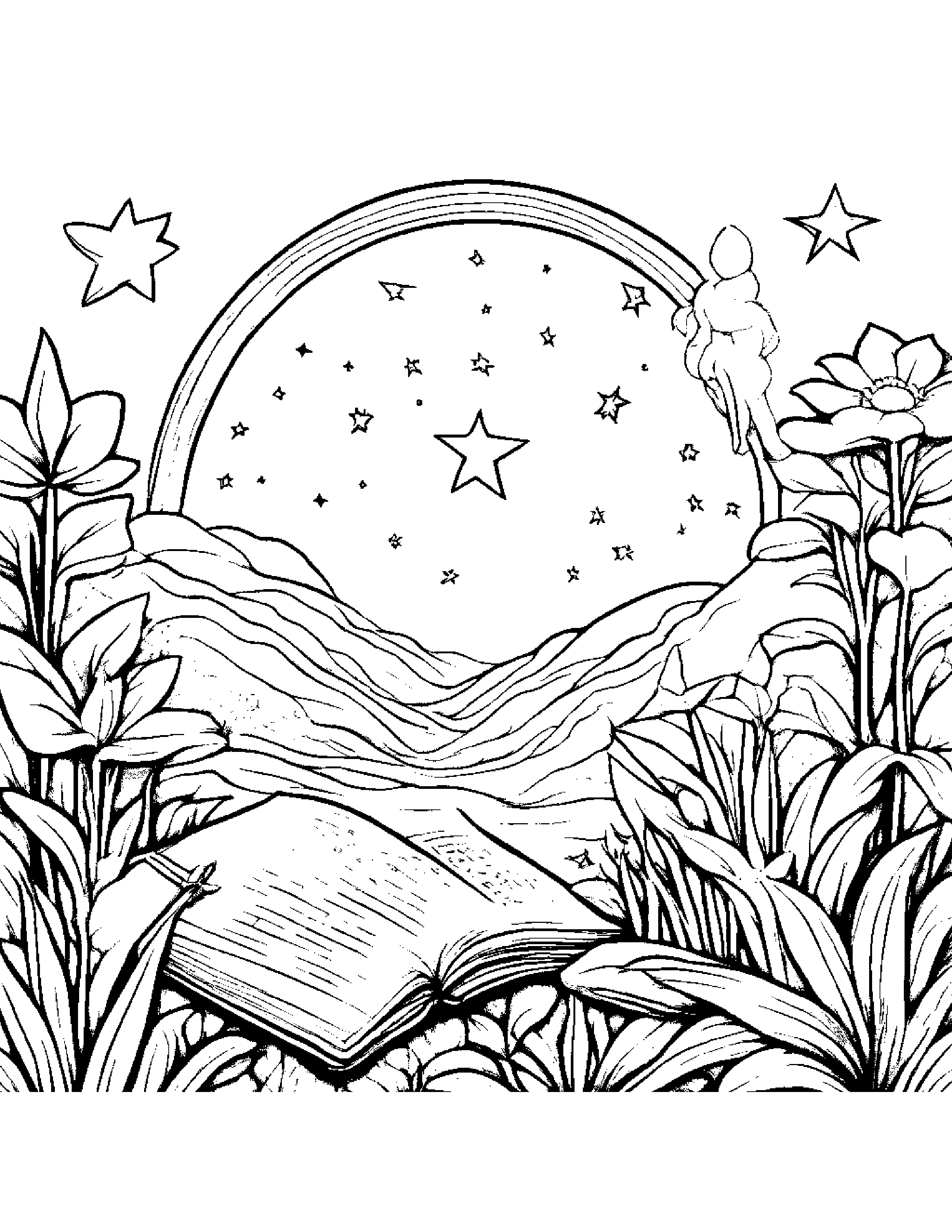 Star Wand Reading A Storybook In A Cozy Garden #3 Coloring Page (Free Printable PDF)
