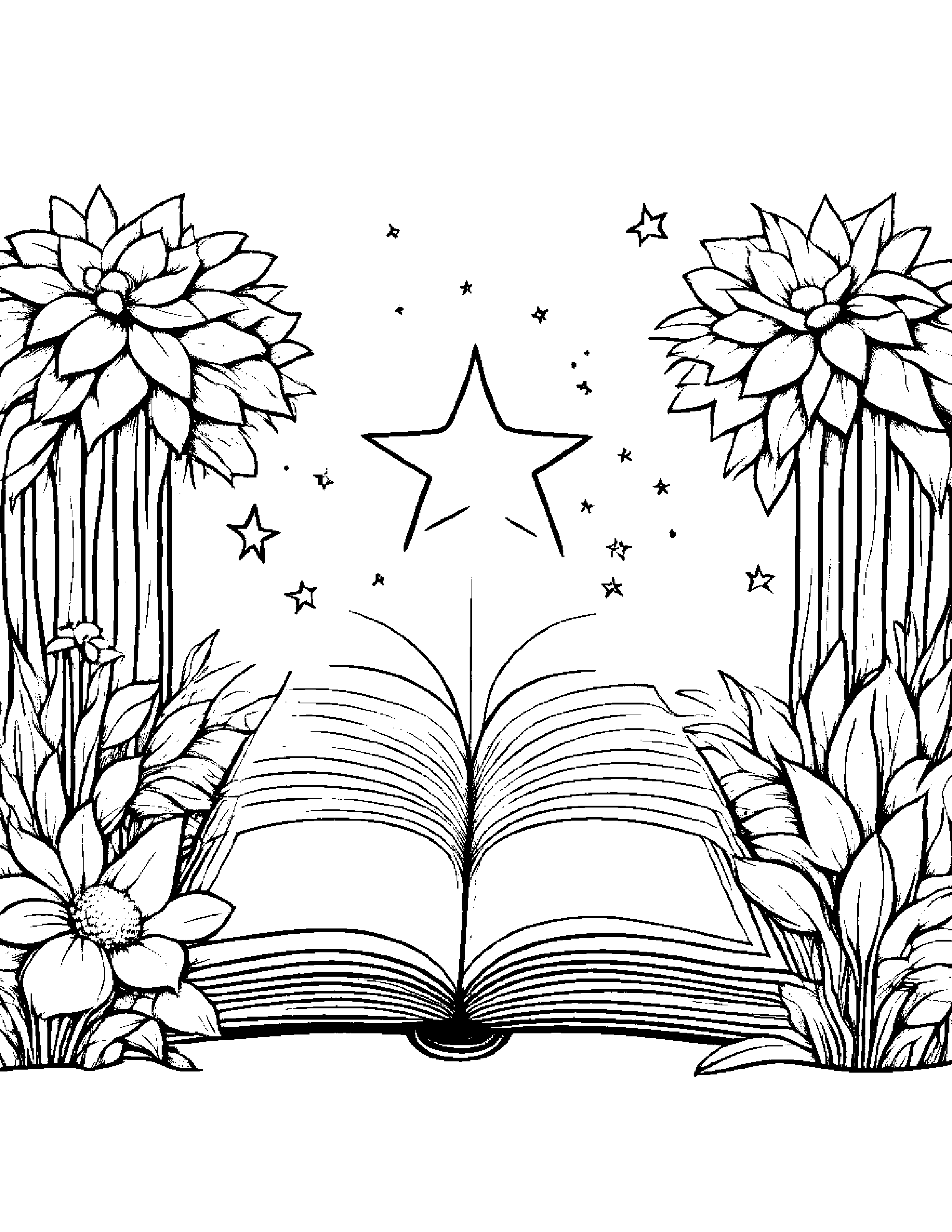 Star Wand Reading A Storybook In A Cozy Garden Coloring Page (Free Printable PDF)