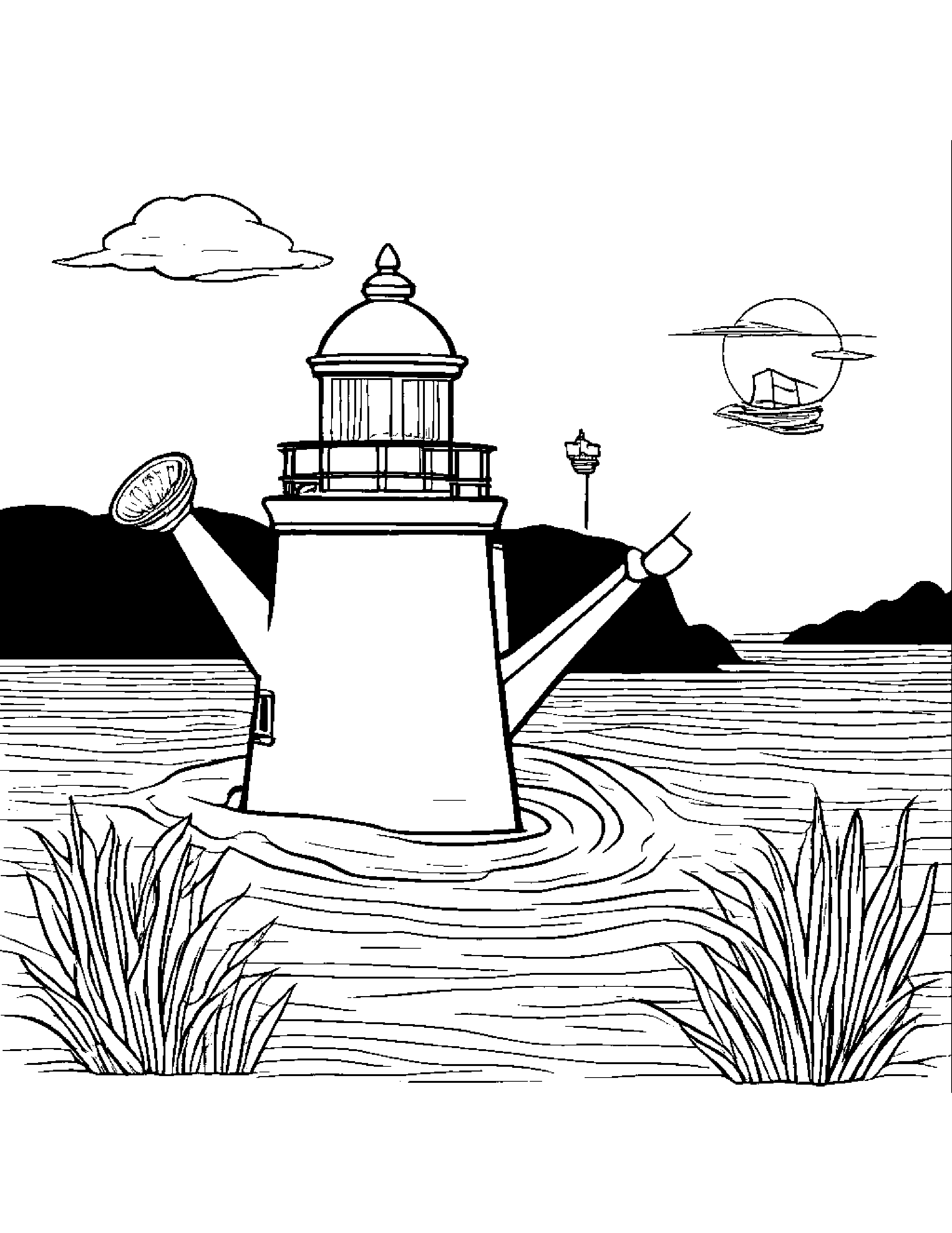 Watering Can Playing Pat-A-Cake Near A Lighthouse #4 Coloring Page (Free Printable PDF)