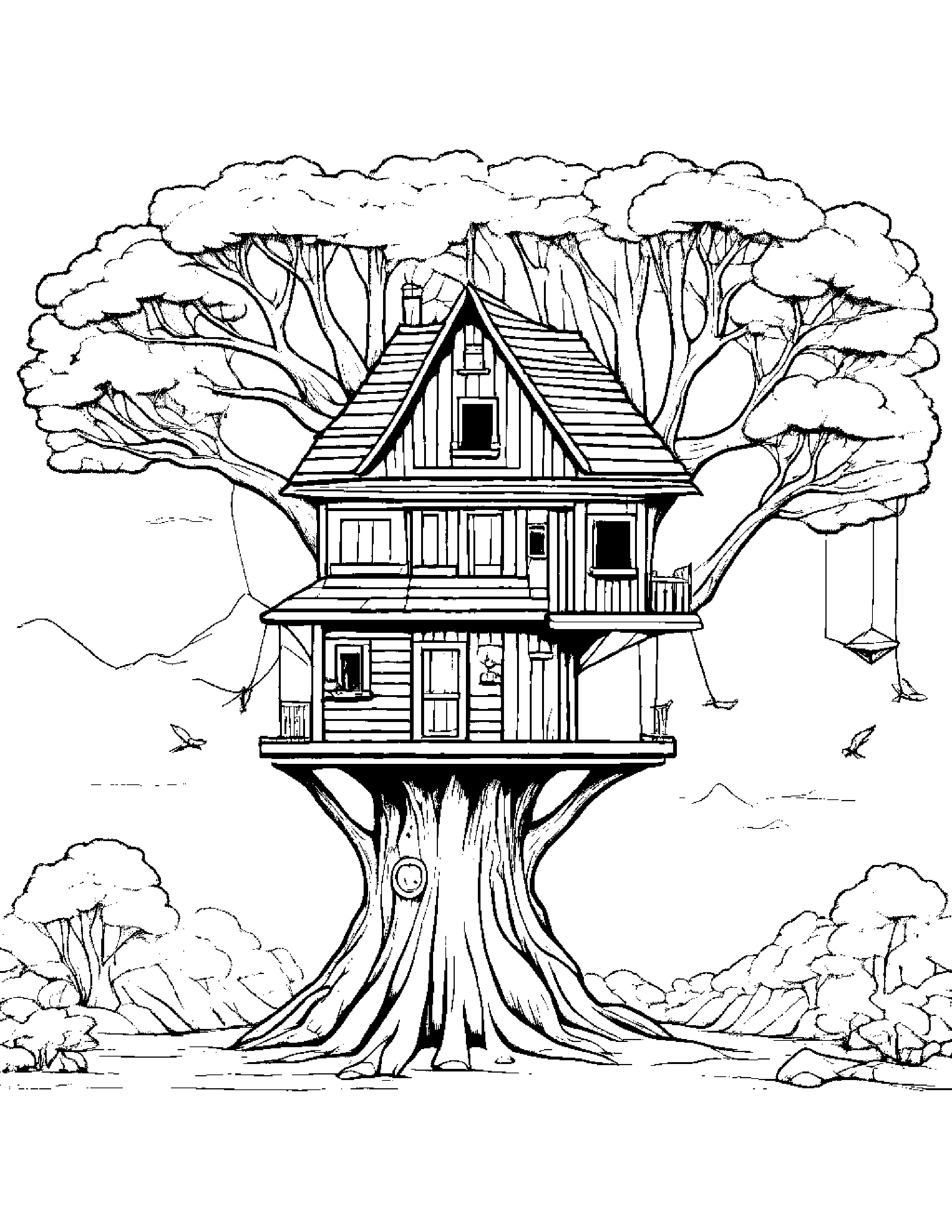Treehouse With A Kite #2 Coloring Page (Free Printable PDF)