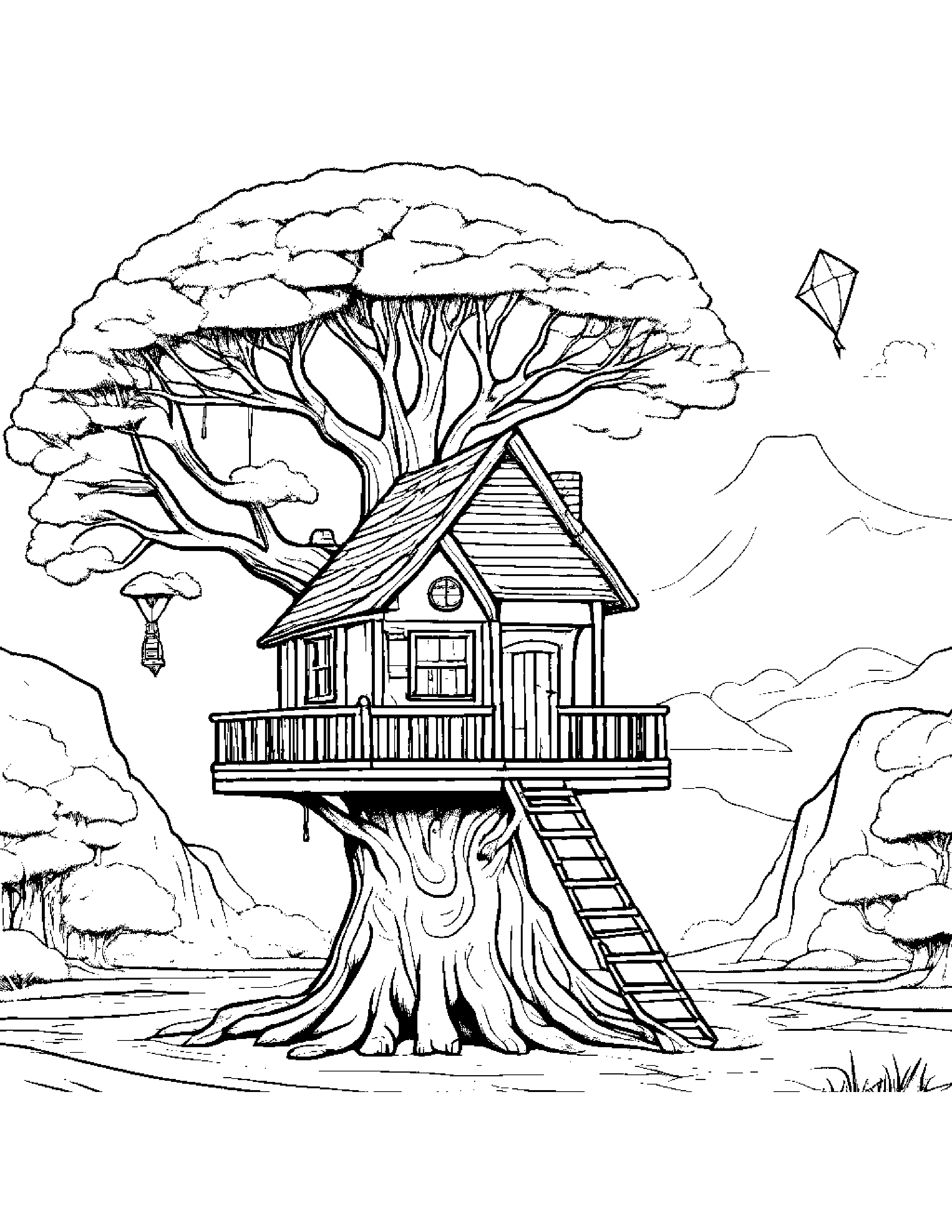 Treehouse With A Kite #3 Coloring Page (Free Printable PDF)