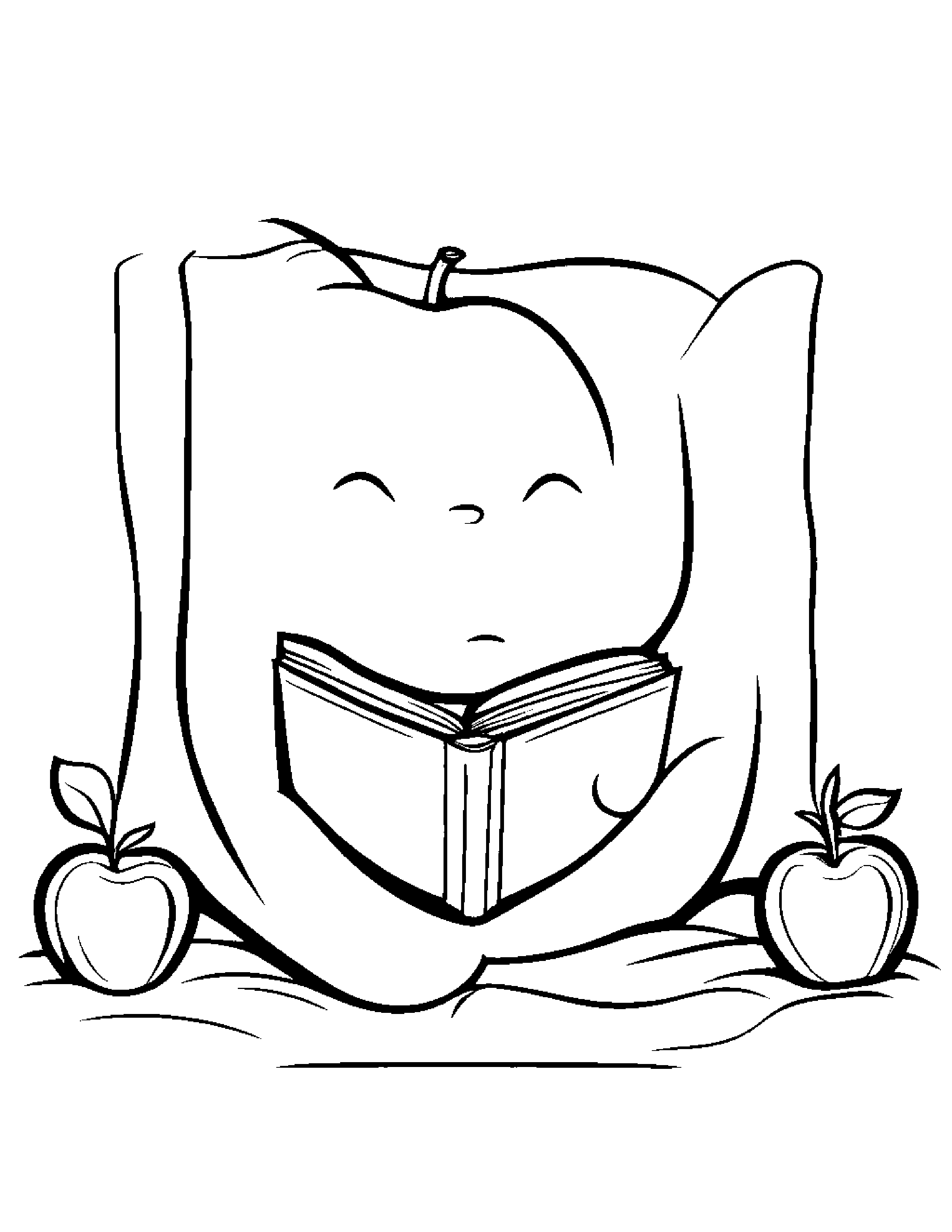 Sleepy Apple Reading A Book #2 Coloring Page (Free Printable PDF)