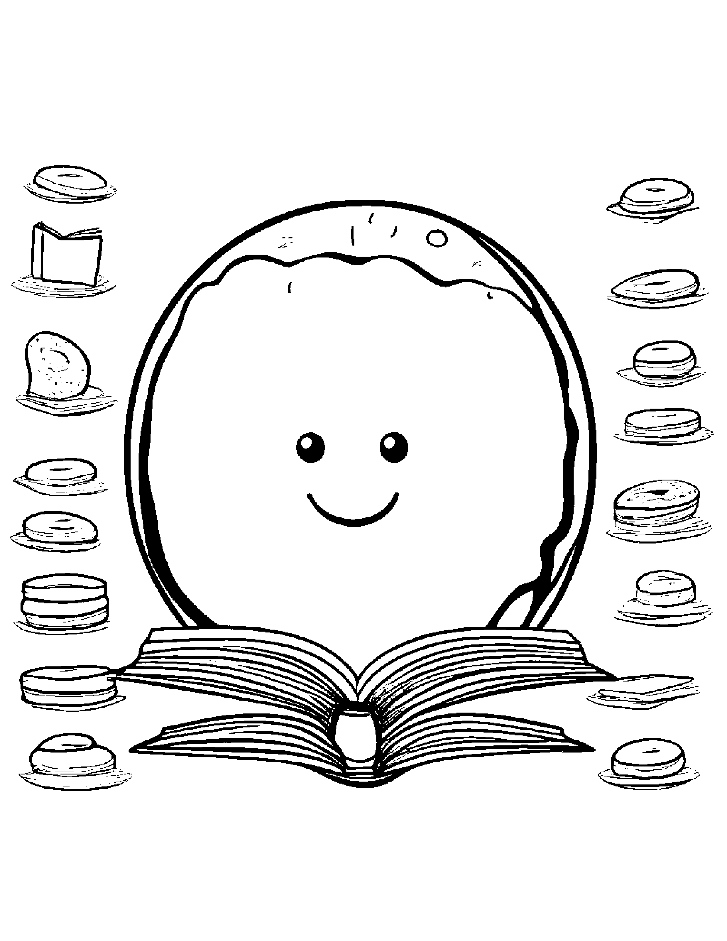 Smiling Donut Reading A Book Coloring Page (Free Printable PDF)