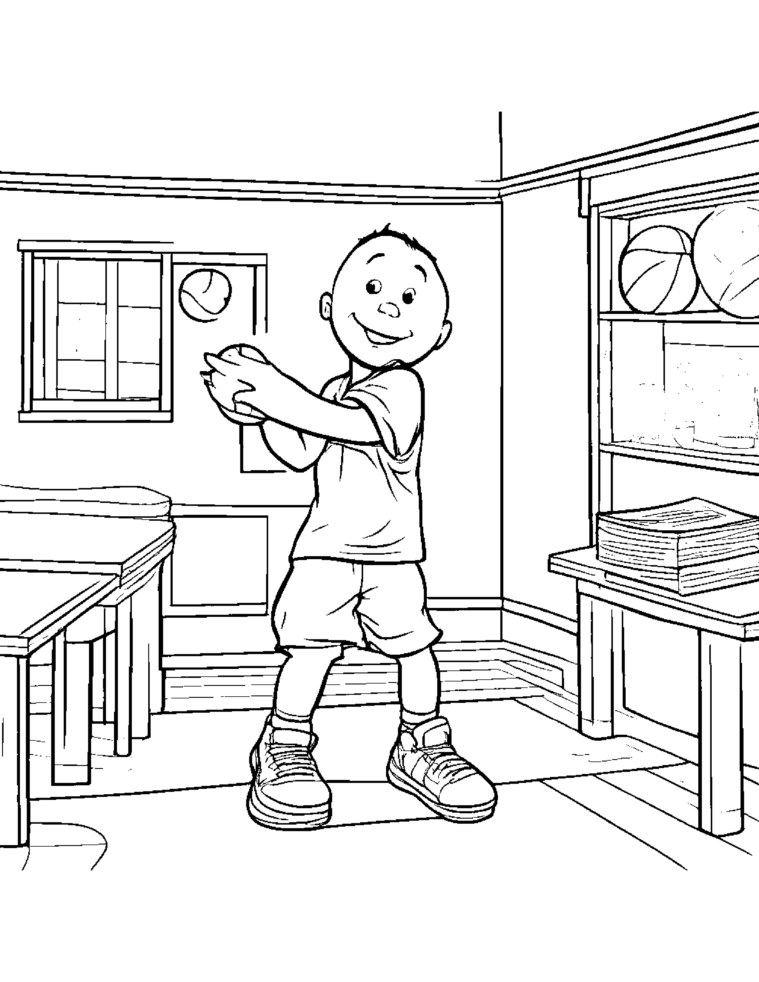 Basketball Playing Pat-A-Cake In A Classroom Corner Coloring Page (Free Printable PDF)