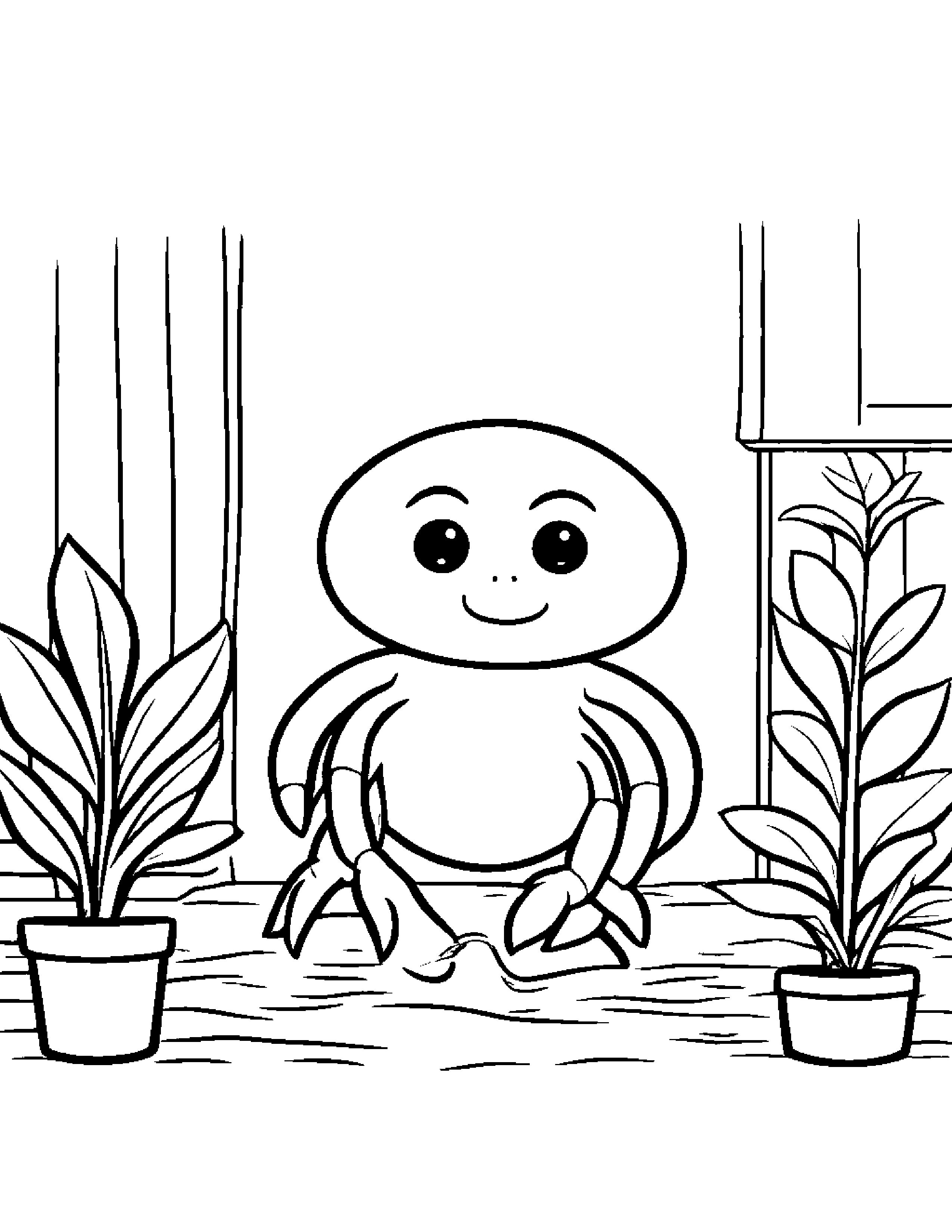 Bright Crab Watering A Plant In A Classroom Corner #4 Coloring Page (Free Printable PDF)