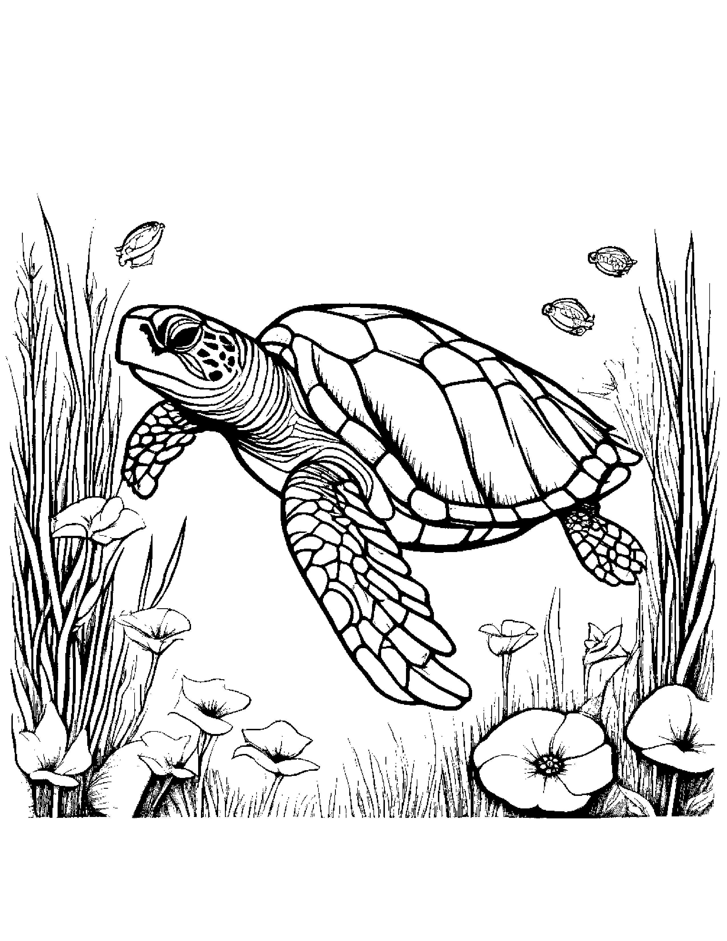 Bright Sea Turtle Painting A Star In A Sunny Meadow #2 Coloring Page (Free Printable PDF)