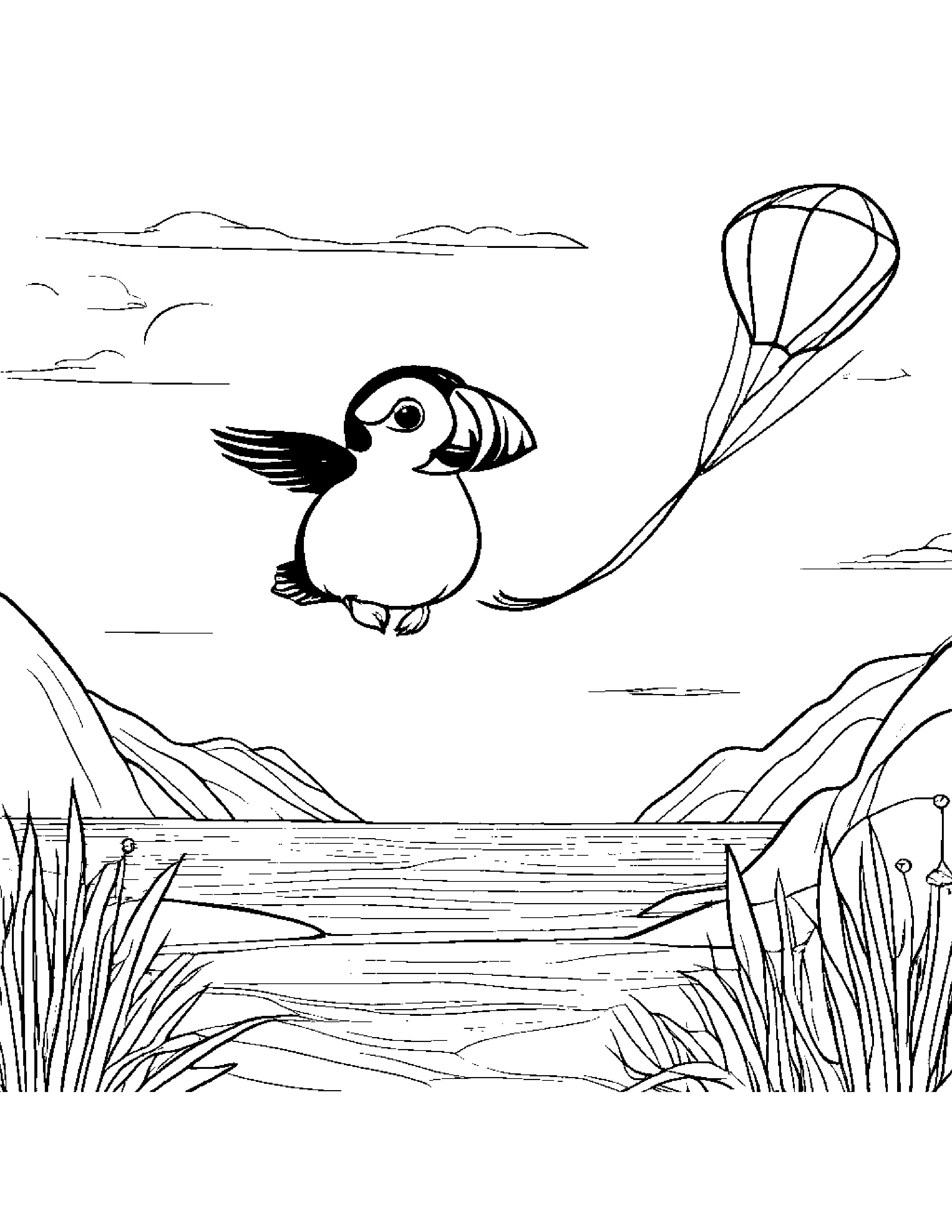 Bubbly Puffin Flying A Kite On A Friendly Planet #2 Coloring Page (Free Printable PDF)