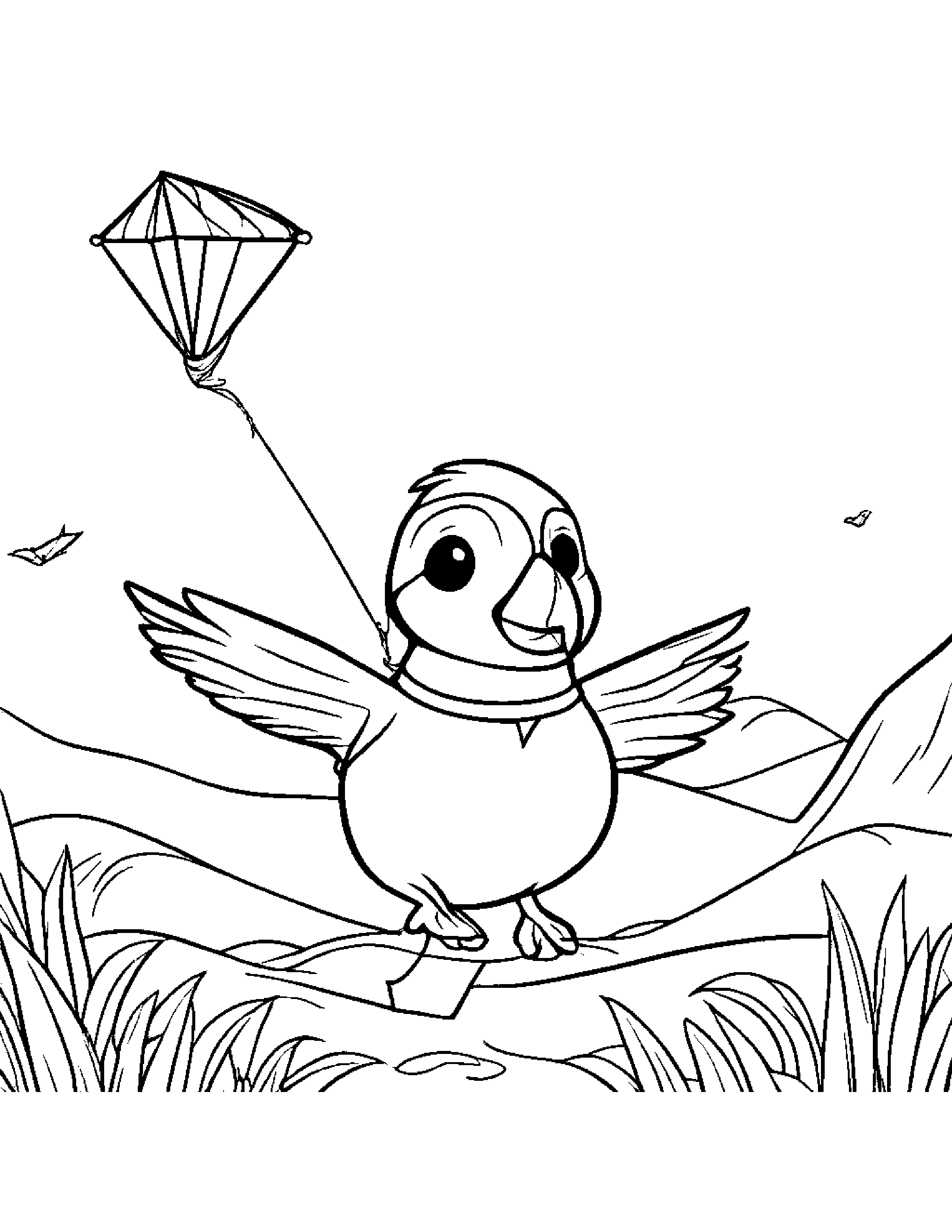 Bubbly Puffin Flying A Kite On A Friendly Planet Coloring Page (Free Printable PDF)
