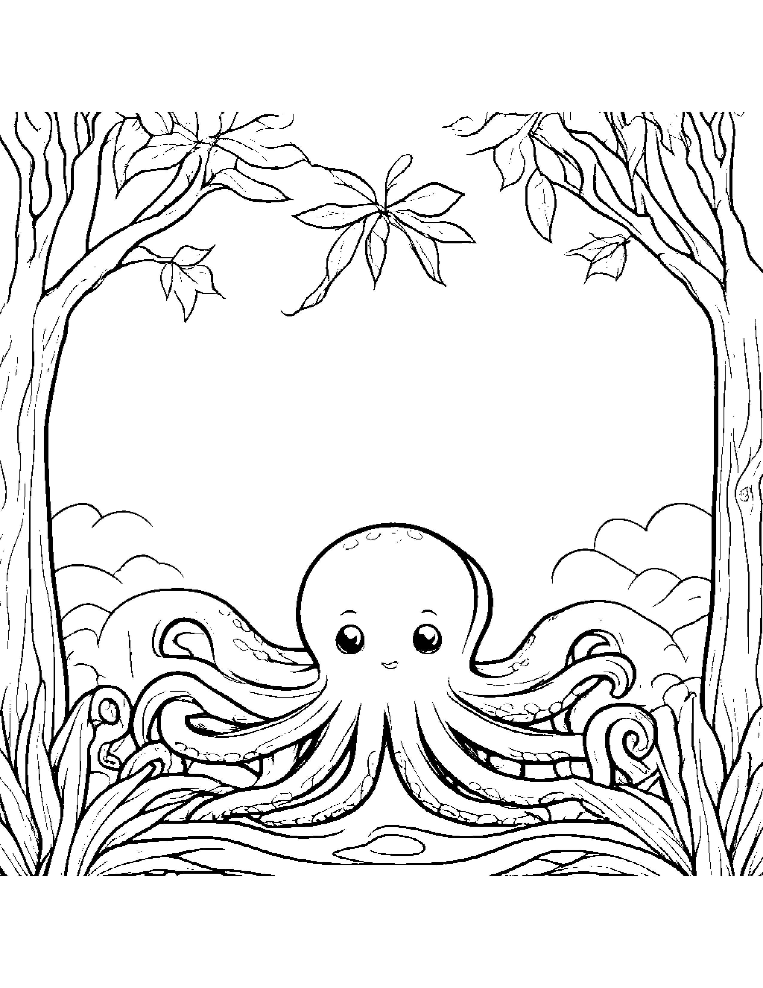 Cozy Octopus By A Little Tree #2 Coloring Page (Free Printable PDF)