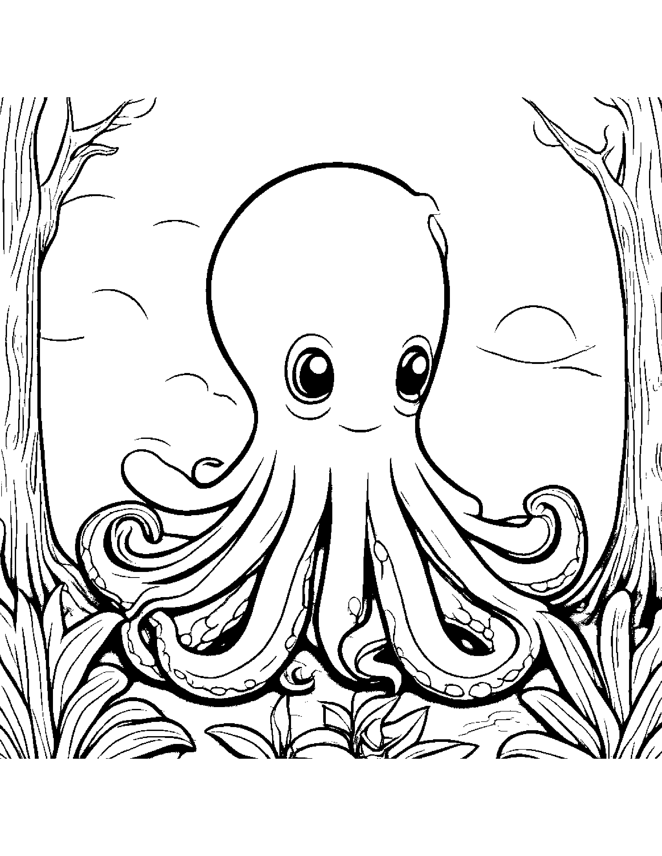 Cozy Octopus By A Little Tree #3 Coloring Page (Free Printable PDF)