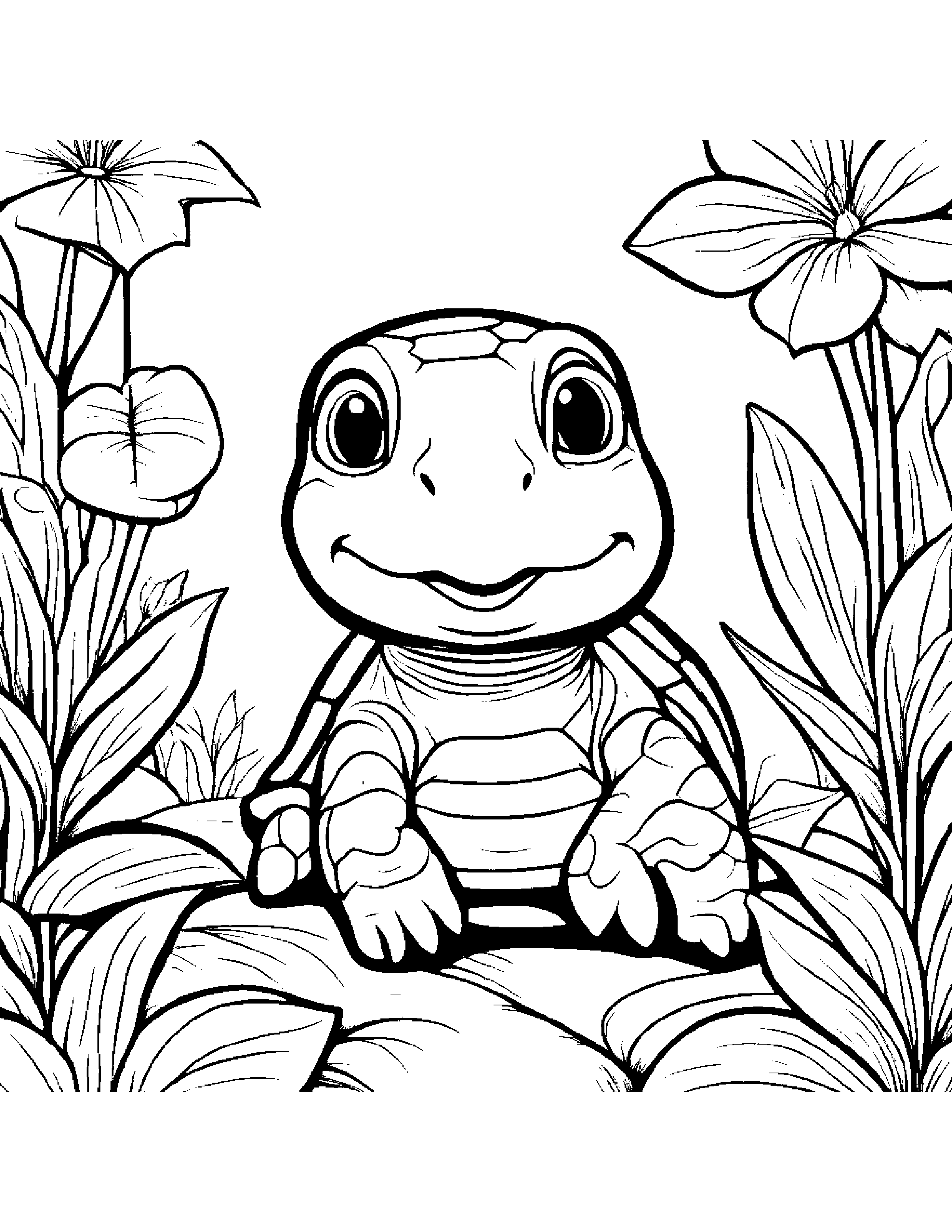 Cozy Turtle Hatchling Making Silly Faces In A Cozy Garden #2 Coloring Page (Free Printable PDF)