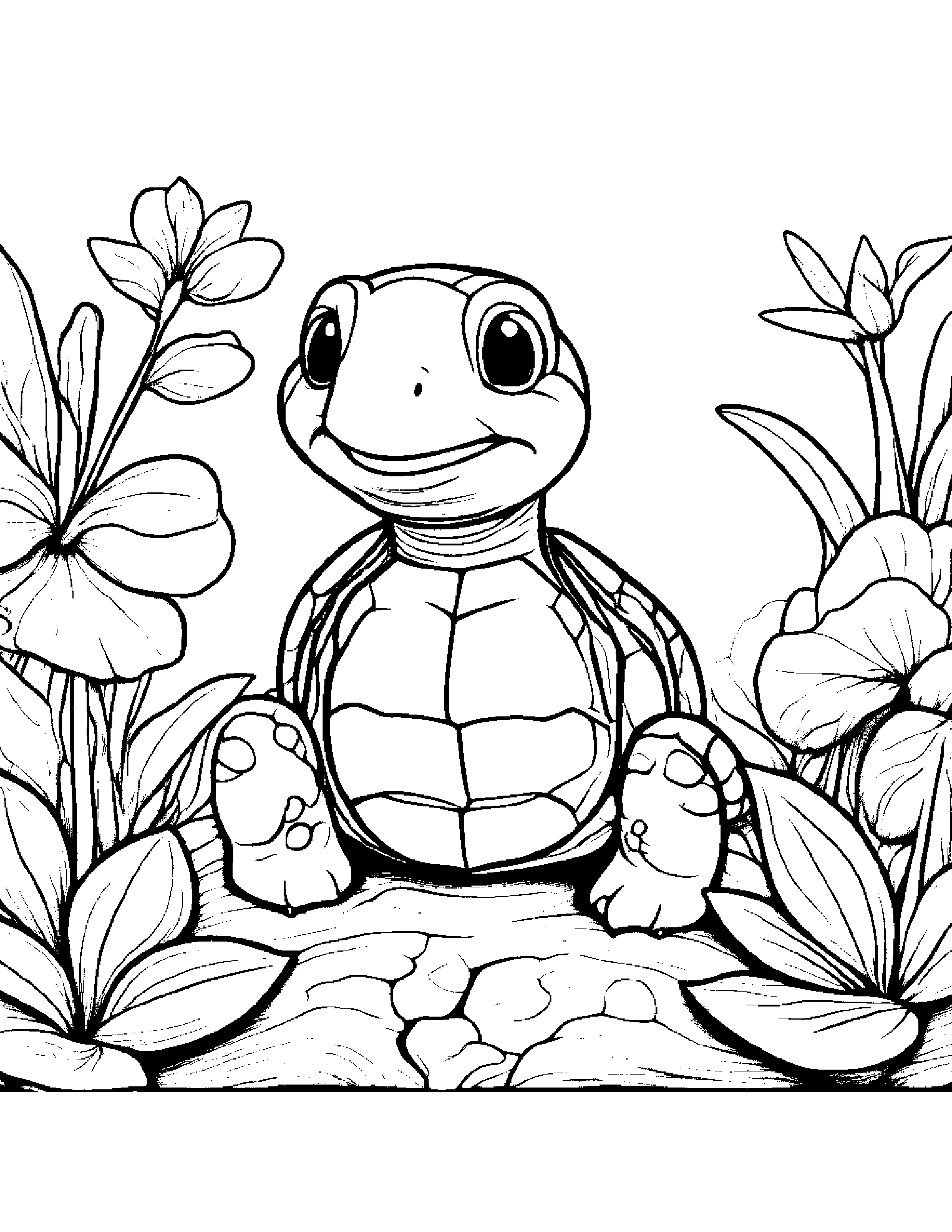 Cozy Turtle Hatchling Making Silly Faces In A Cozy Garden #3 Coloring Page (Free Printable PDF)