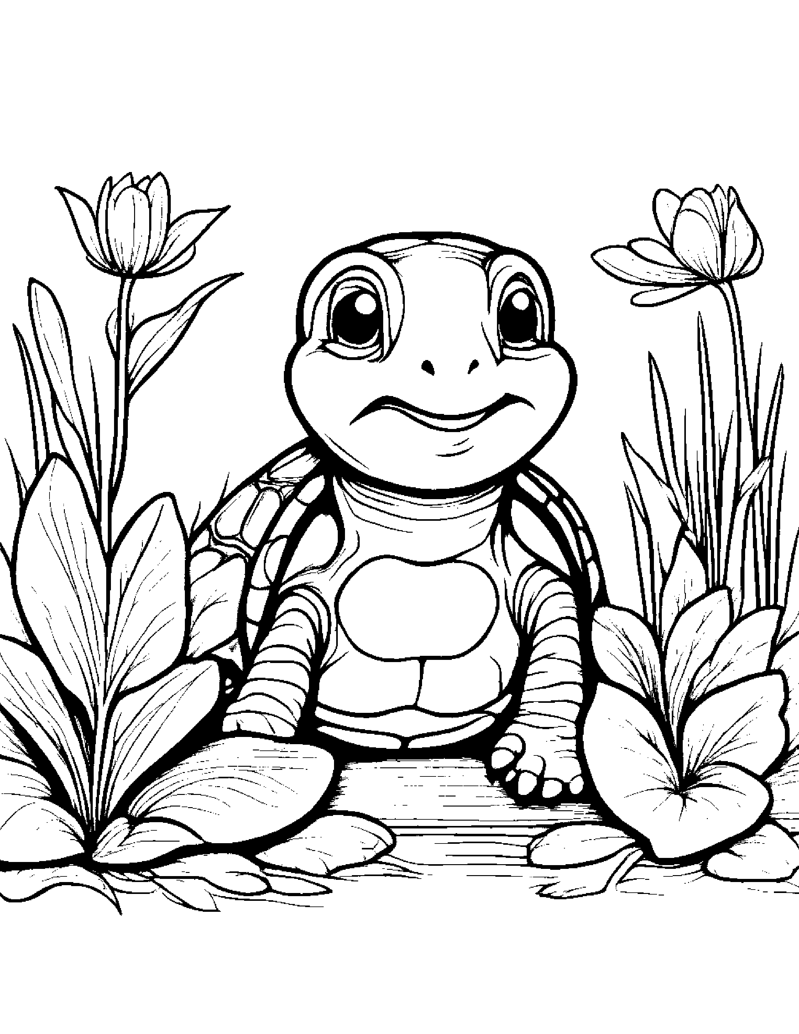 Cozy Turtle Hatchling Making Silly Faces In A Cozy Garden #4 Coloring Page (Free Printable PDF)