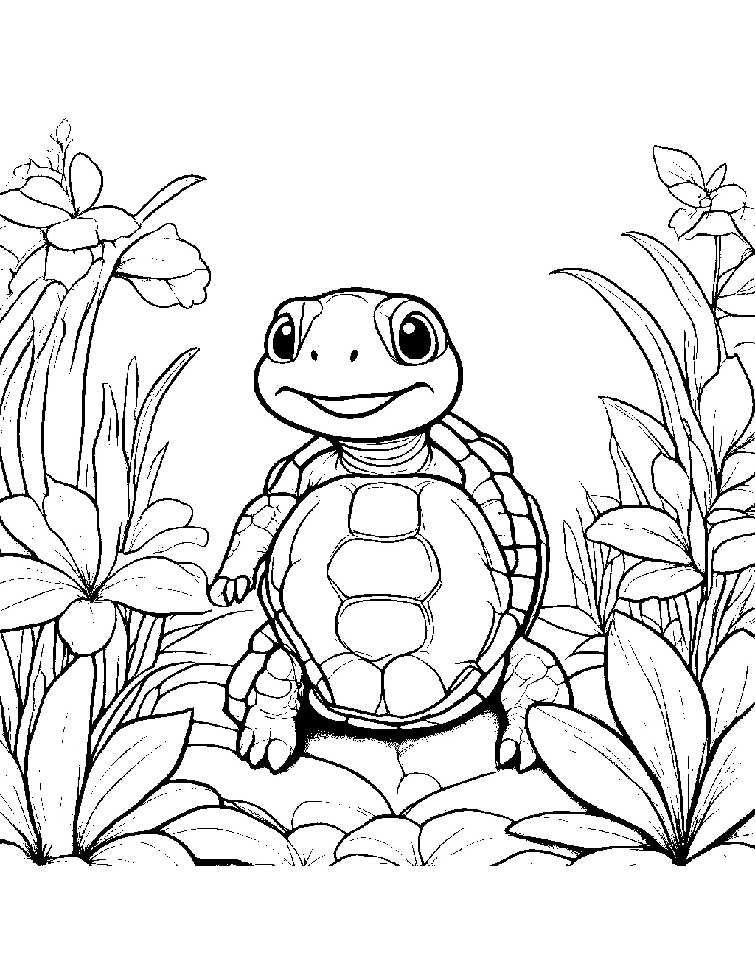 Cozy Turtle Hatchling Making Silly Faces In A Cozy Garden Coloring Page (Free Printable PDF)