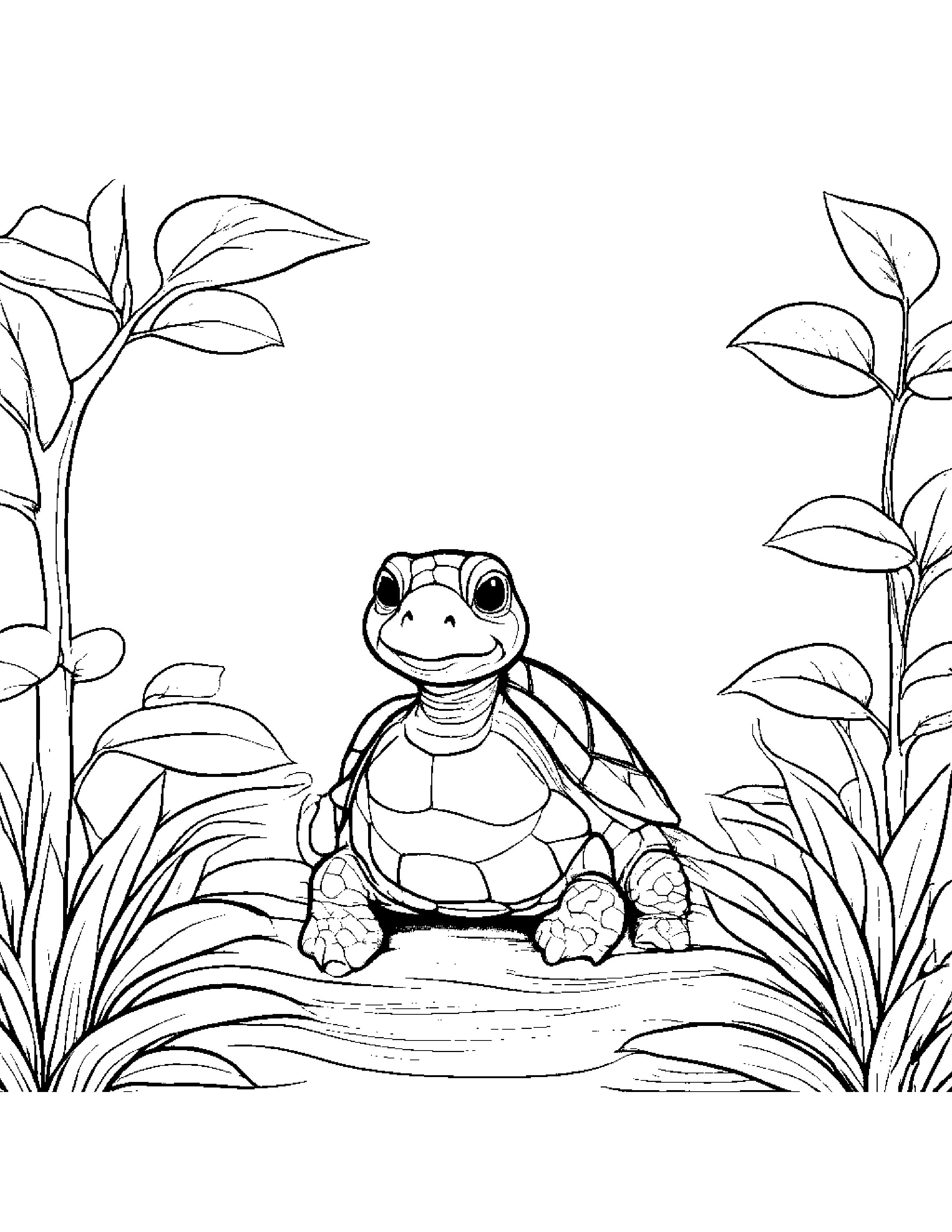 Cozy Turtle Hatchling Watering A Plant By A Little Tree #2 Coloring Page (Free Printable PDF)