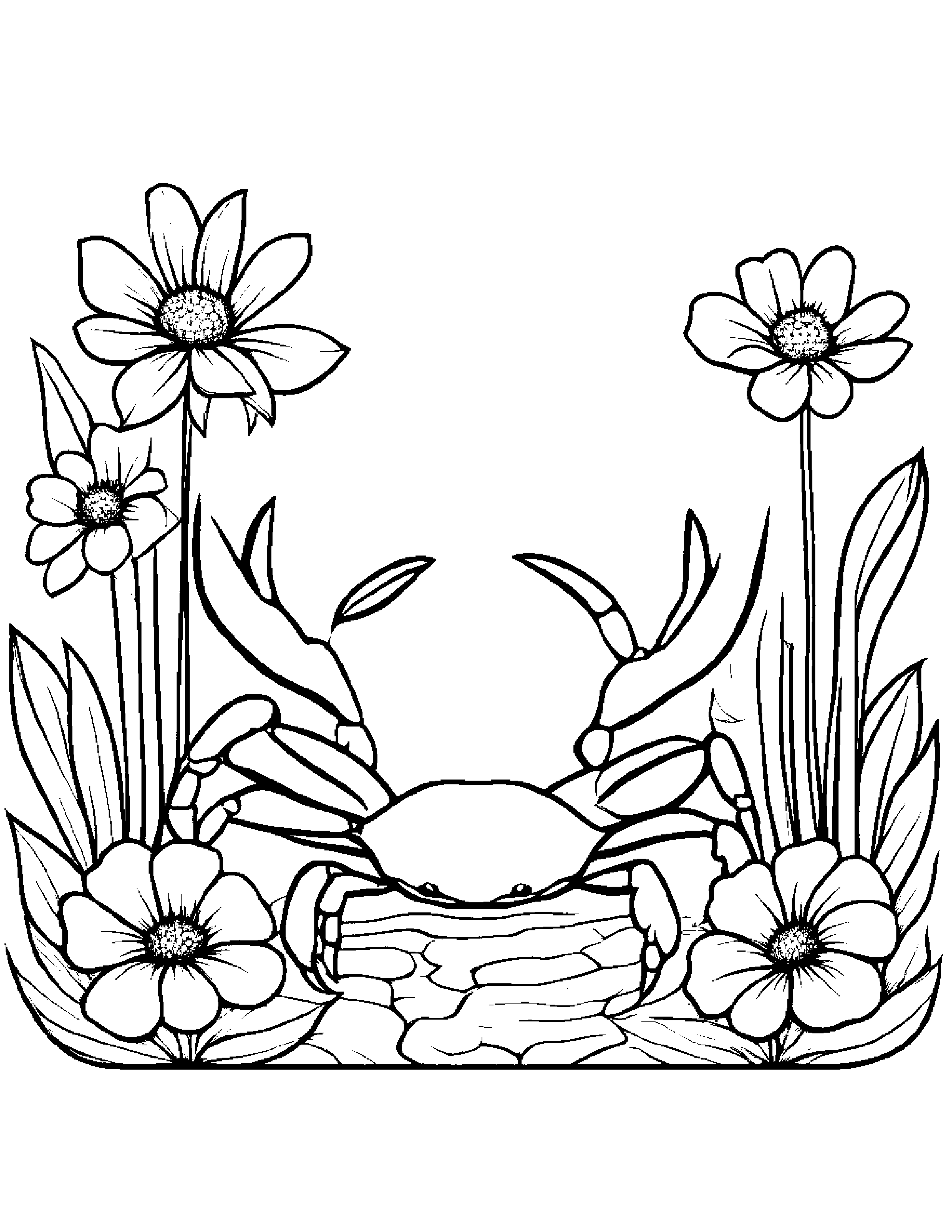 Crab With A Small Flower In A Cozy Garden #2 Coloring Page (Free Printable PDF)