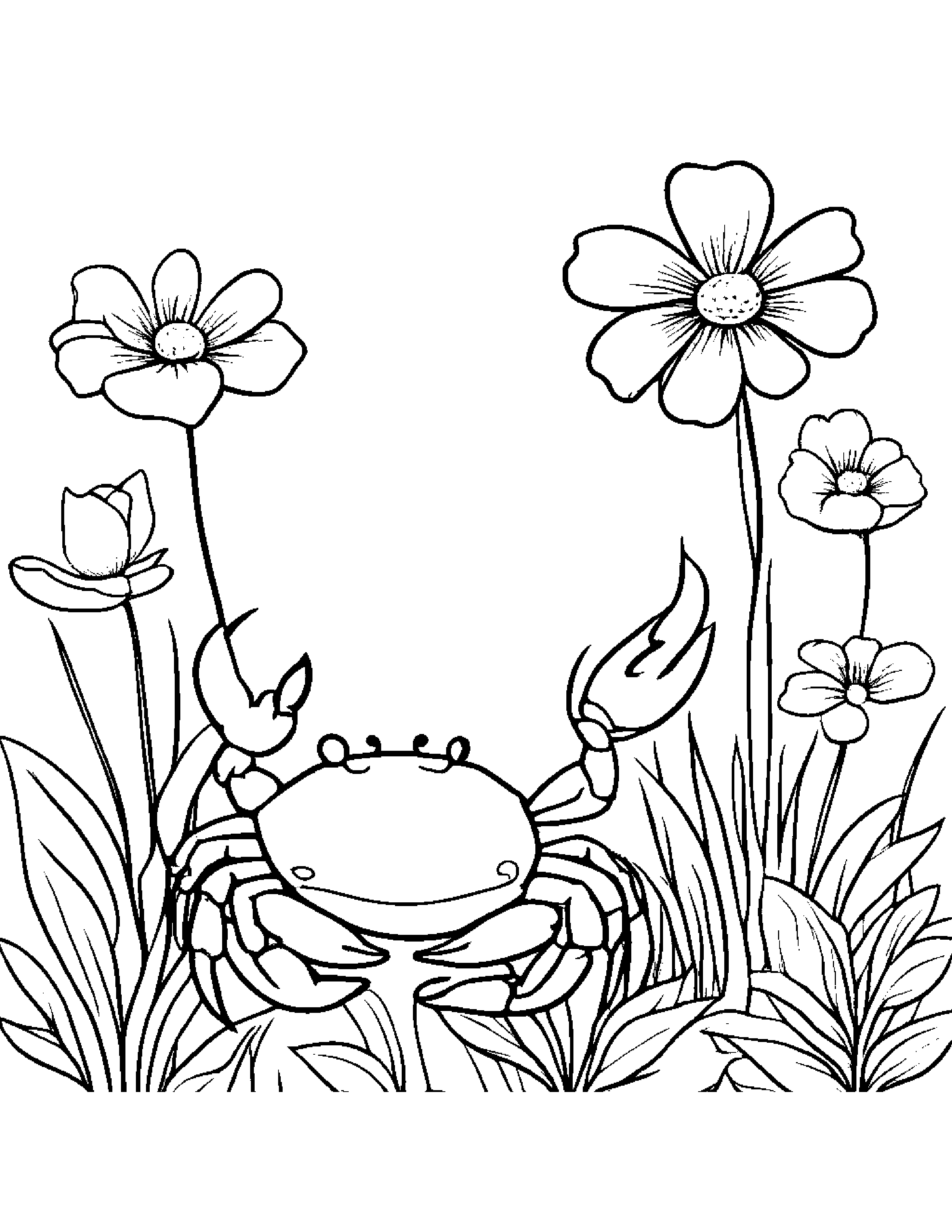 Crab With A Small Flower In A Cozy Garden #3 Coloring Page (Free Printable PDF)