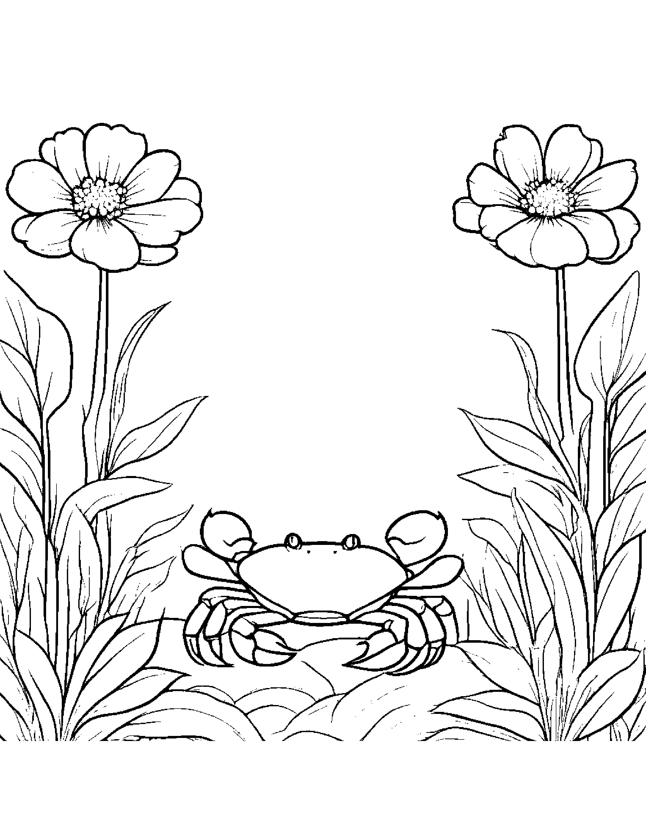 Crab With A Small Flower In A Cozy Garden Coloring Page (Free Printable PDF)