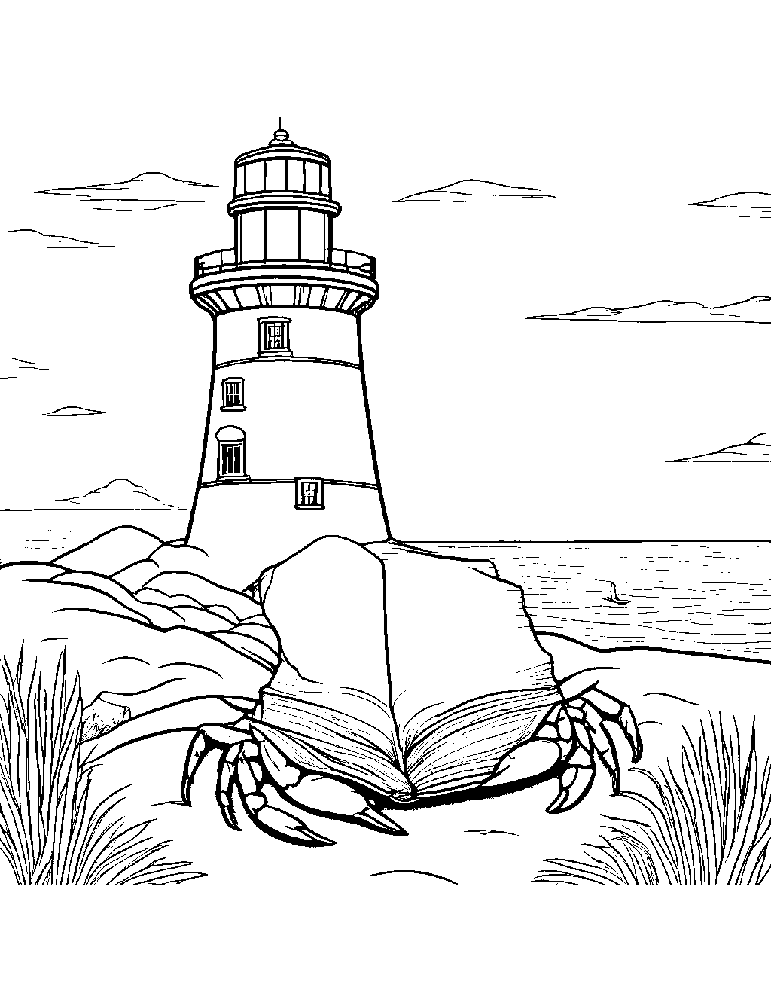 Cuddly Crab Reading A Storybook Near A Lighthouse #2 Coloring Page (Free Printable PDF)