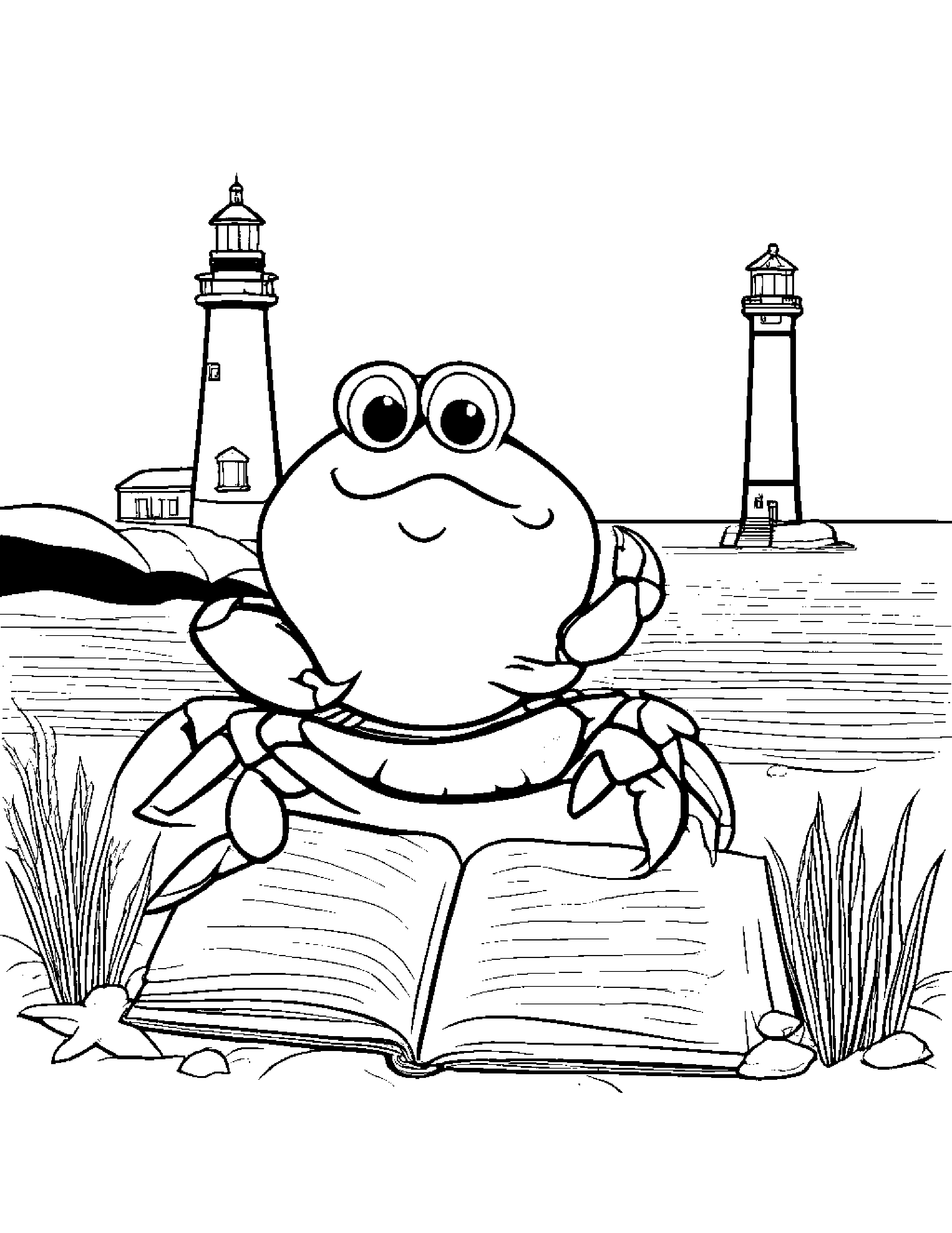 Cuddly Crab Reading A Storybook Near A Lighthouse #3 Coloring Page (Free Printable PDF)