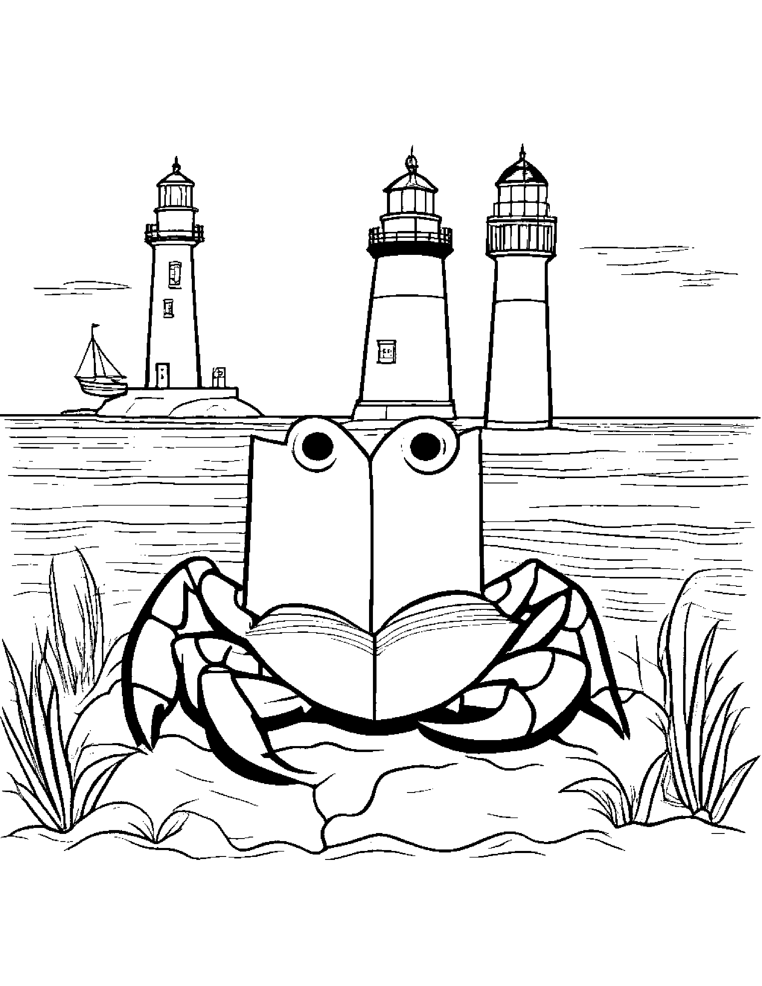 Cuddly Crab Reading A Storybook Near A Lighthouse Coloring Page (Free Printable PDF)