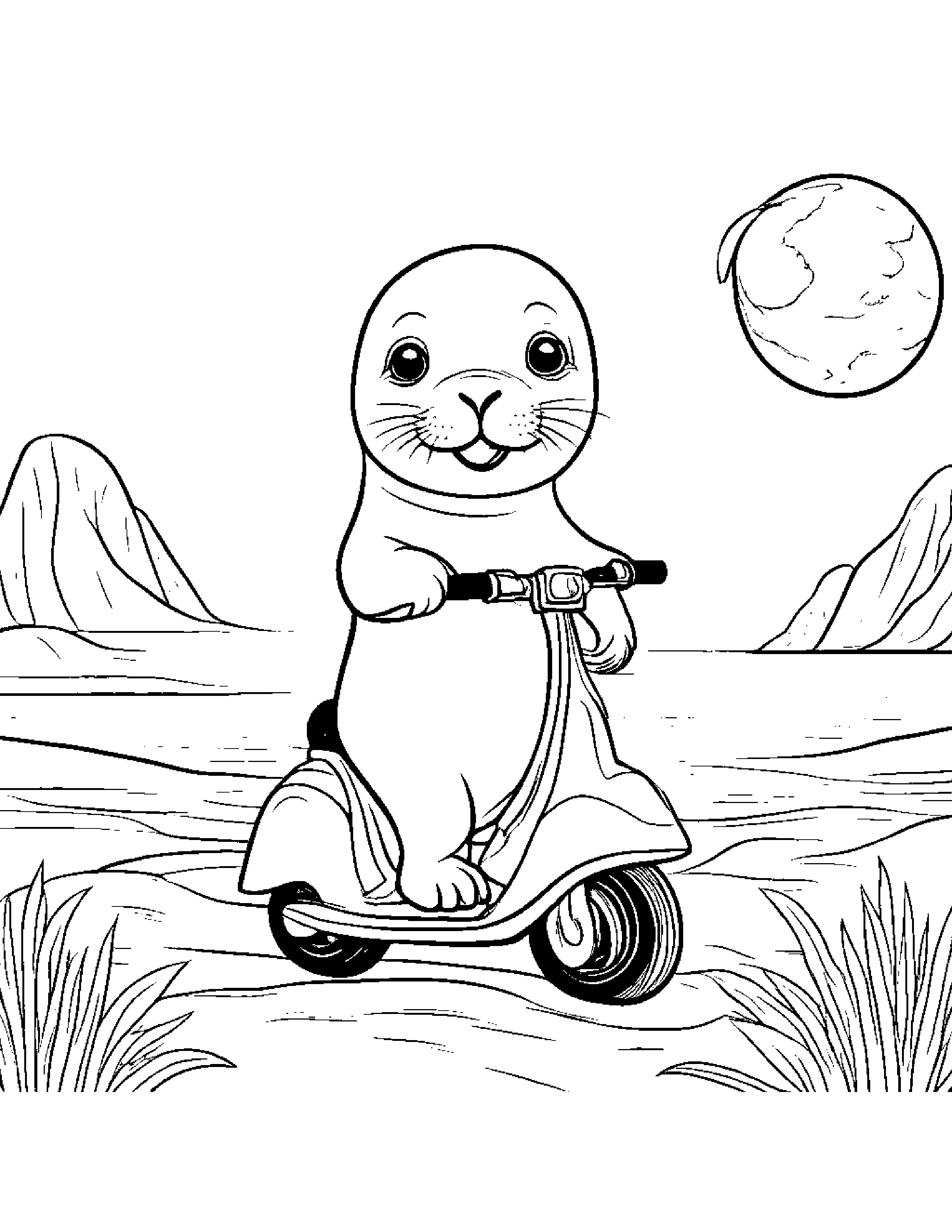Curious Seal Pup Riding A Scooter On A Friendly Planet #2 Coloring Page (Free Printable PDF)