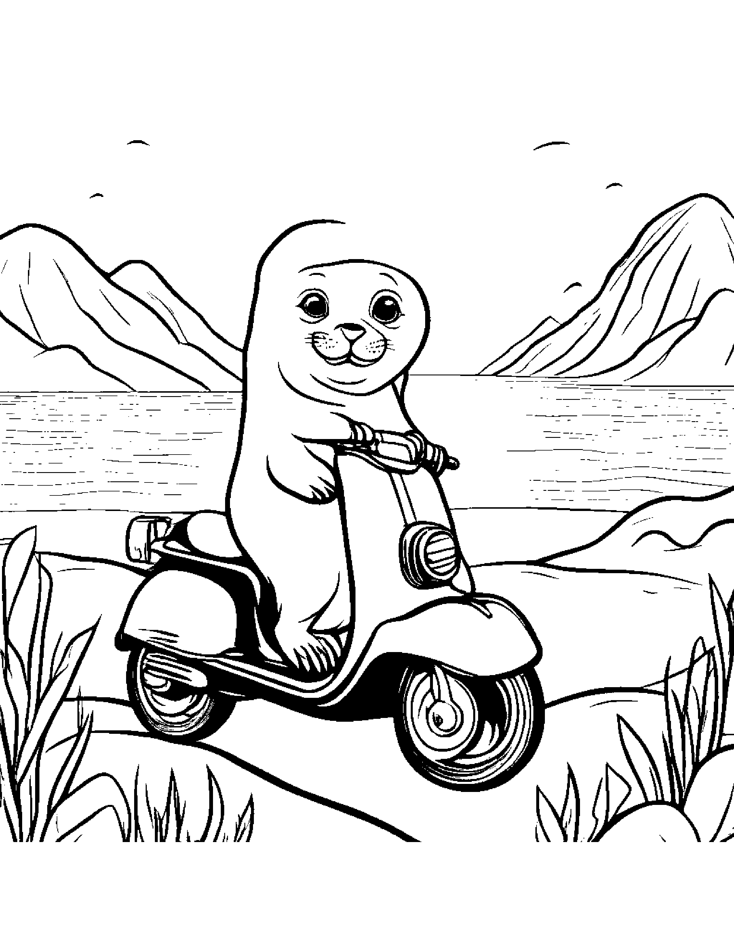 Curious Seal Pup Riding A Scooter On A Friendly Planet #3 Coloring Page (Free Printable PDF)