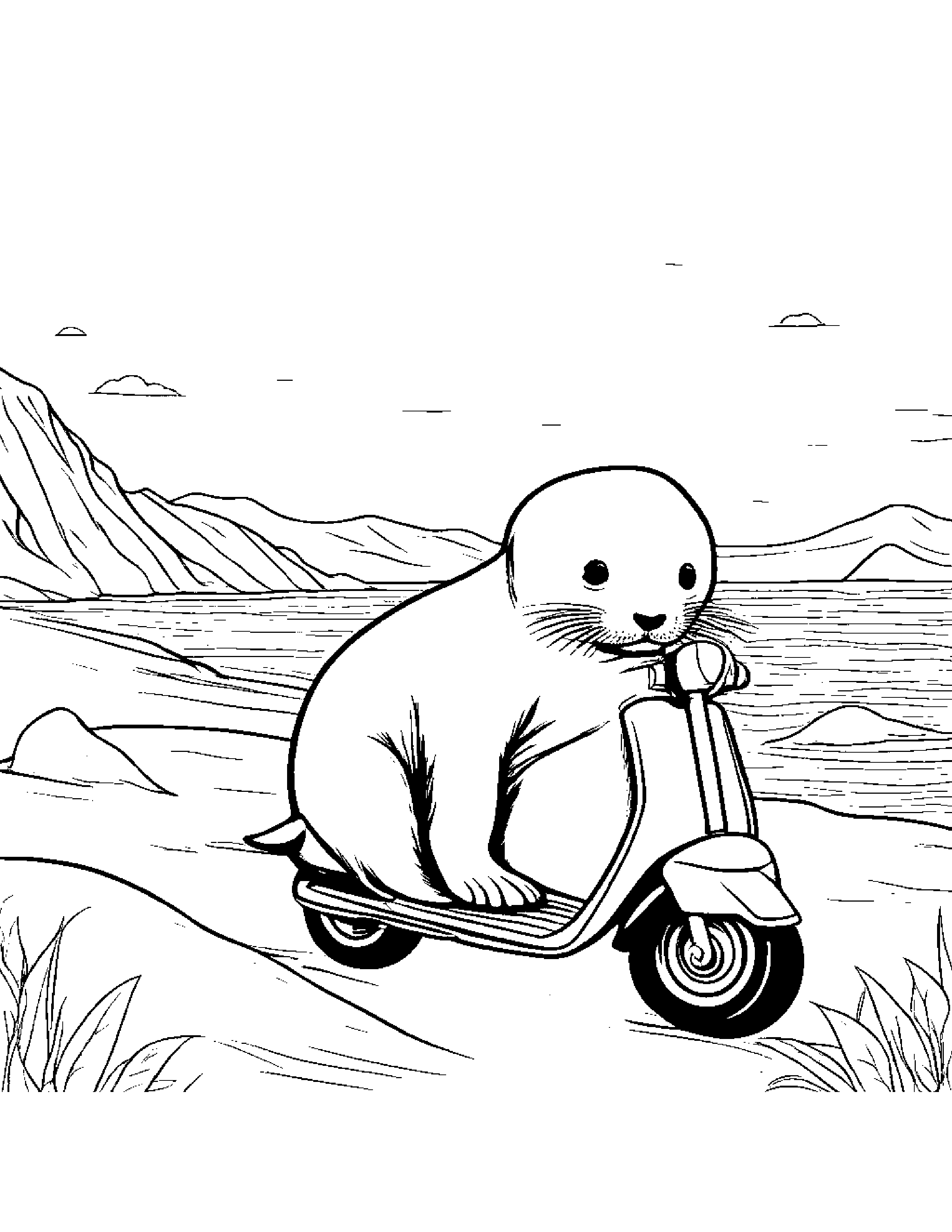 Curious Seal Pup Riding A Scooter On A Friendly Planet #4 Coloring Page (Free Printable PDF)