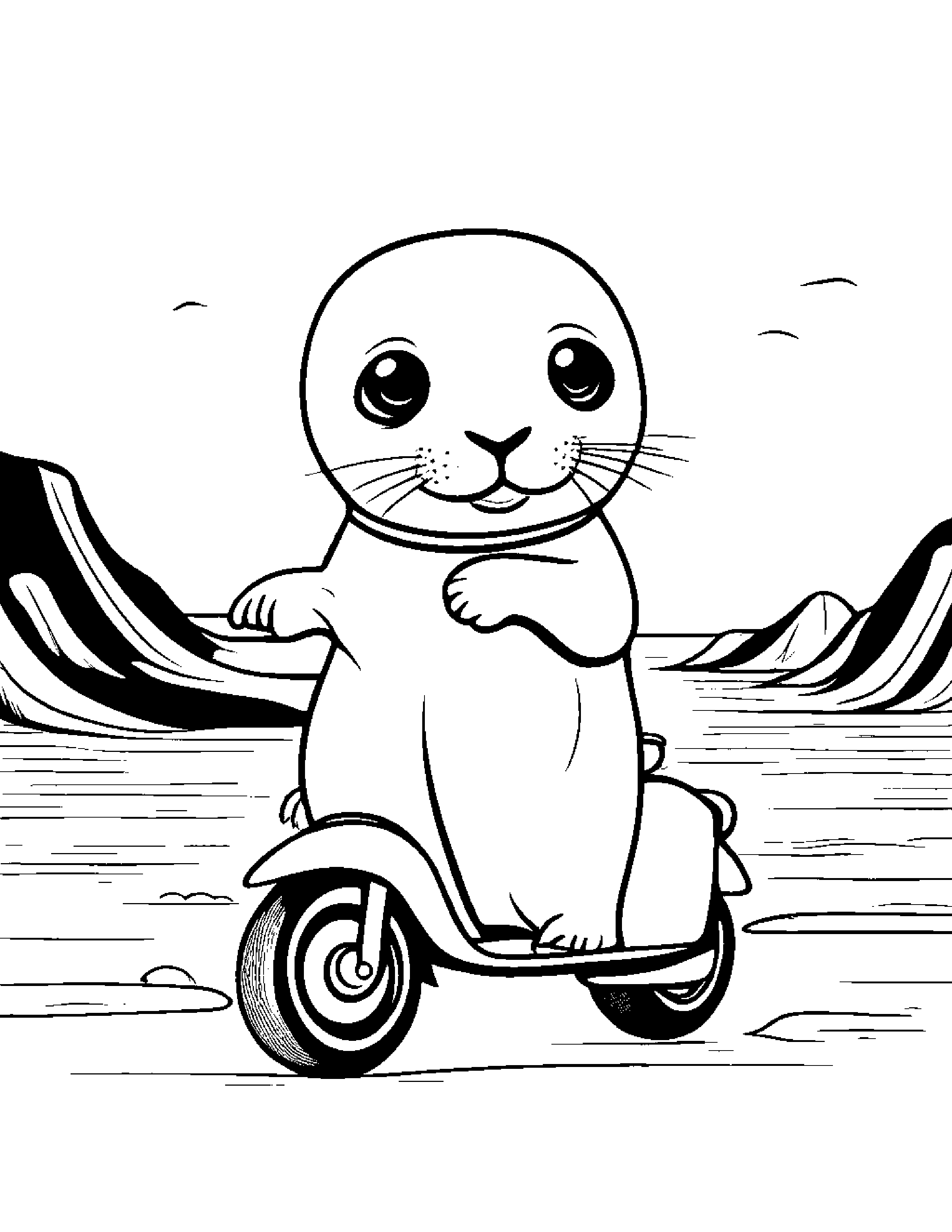 Curious Seal Pup Riding A Scooter On A Friendly Planet #5 Coloring Page (Free Printable PDF)