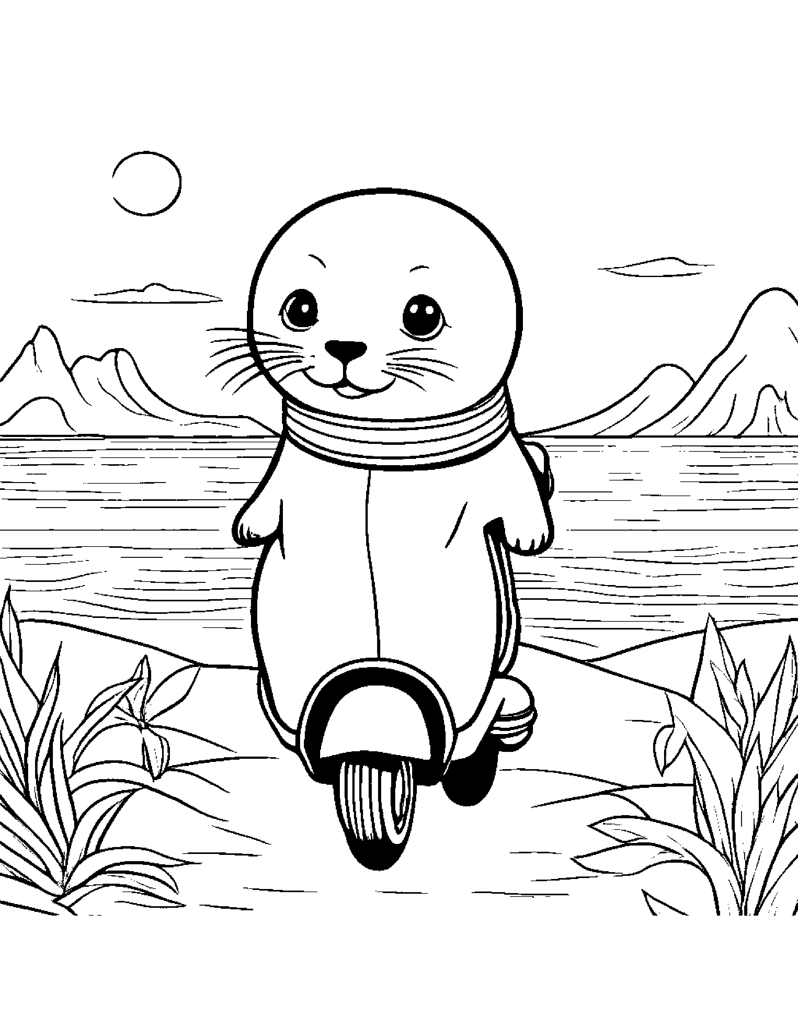 Curious Seal Pup Riding A Scooter On A Friendly Planet Coloring Page (Free Printable PDF)