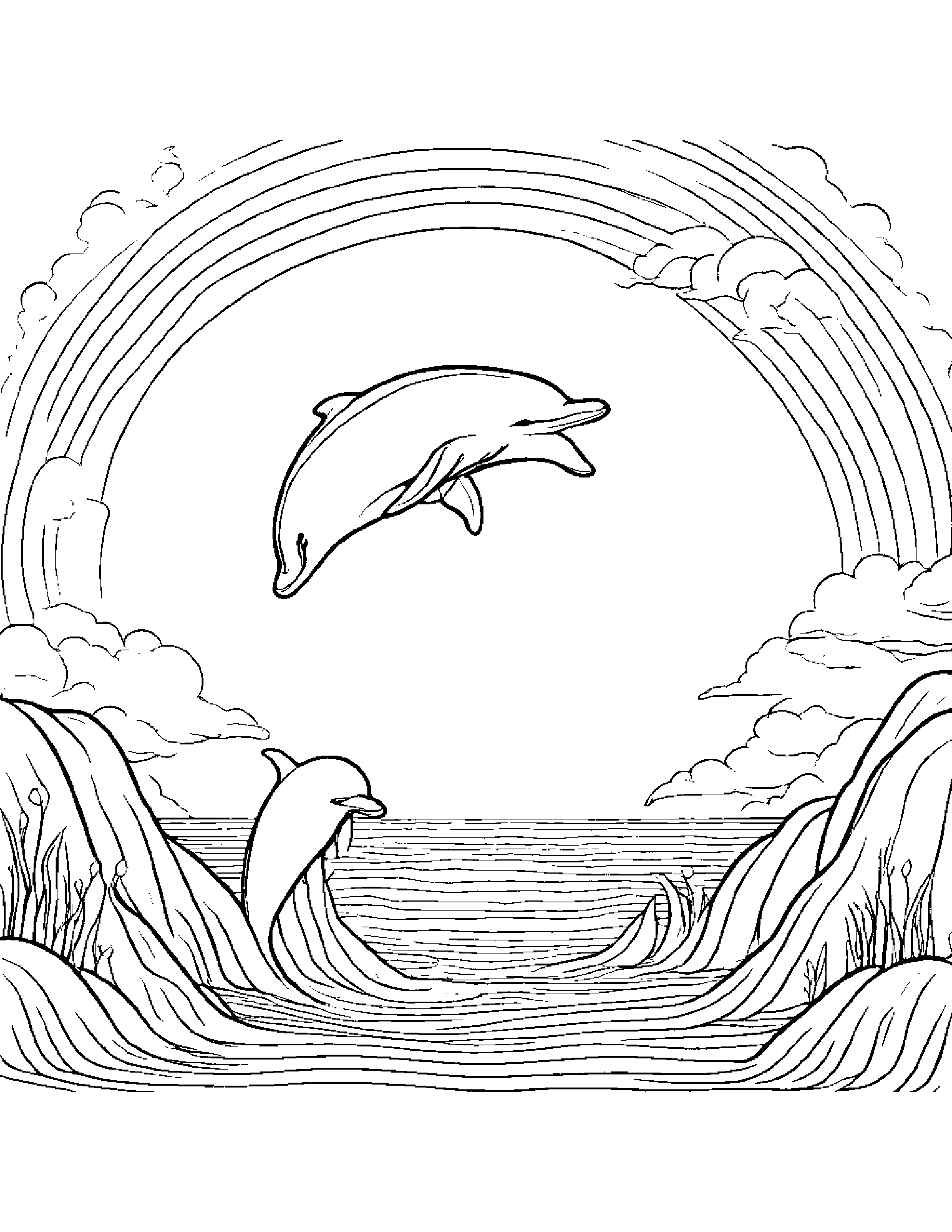 Dolphin Calf Learning To Count To Ten Under A Rainbow Coloring Page (Free Printable PDF)