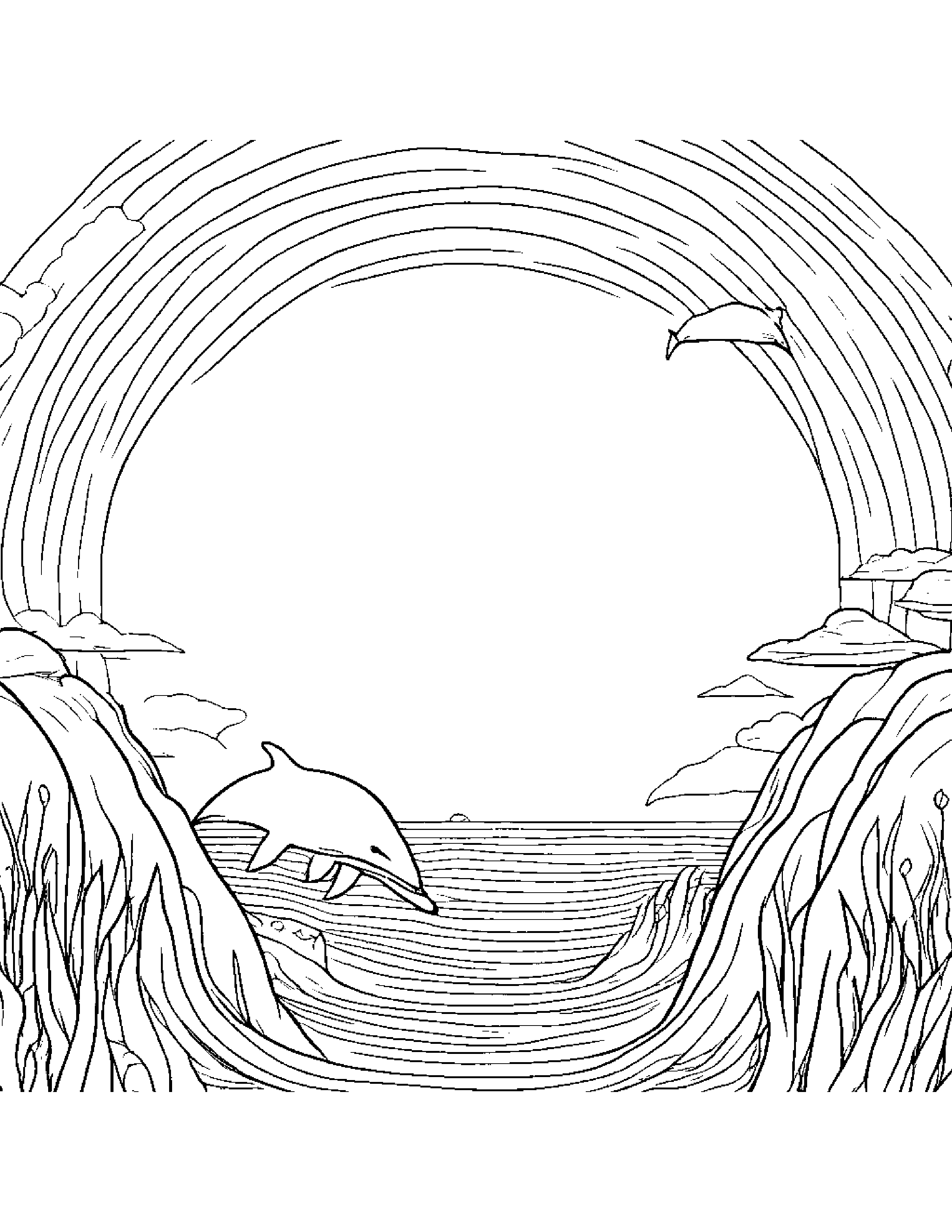 Dolphin Calf Playing Hide-And-Seek Under A Rainbow #3 Coloring Page (Free Printable PDF)