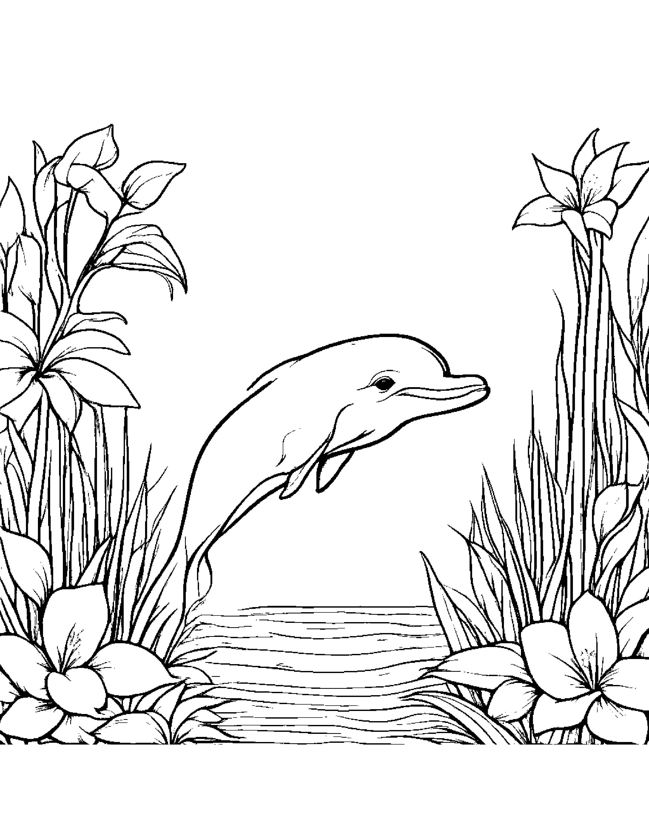 Dolphin Calf With A Tiny Bow In A Cozy Garden #2 Coloring Page (Free Printable PDF)
